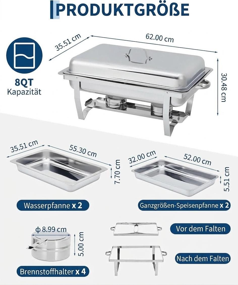 GarveeMore Speisenwärmer 7.5L rechteckiger Edelstahl-Chafing-Dishes und Warmhaltebehälter, (2-tlg), 7.5L-Edelstahl-Sets mit Deckel,Buffet-Präsentation für Partys