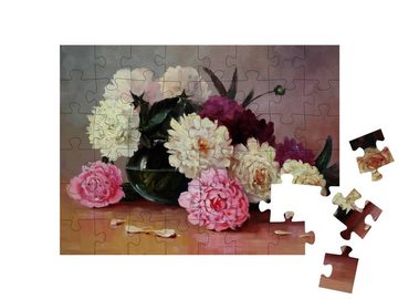 puzzleYOU Puzzle Weiße und rosa Pfingstrosen in einer Glasvase, 48 Puzzleteile, puzzleYOU-Kollektionen Stillleben