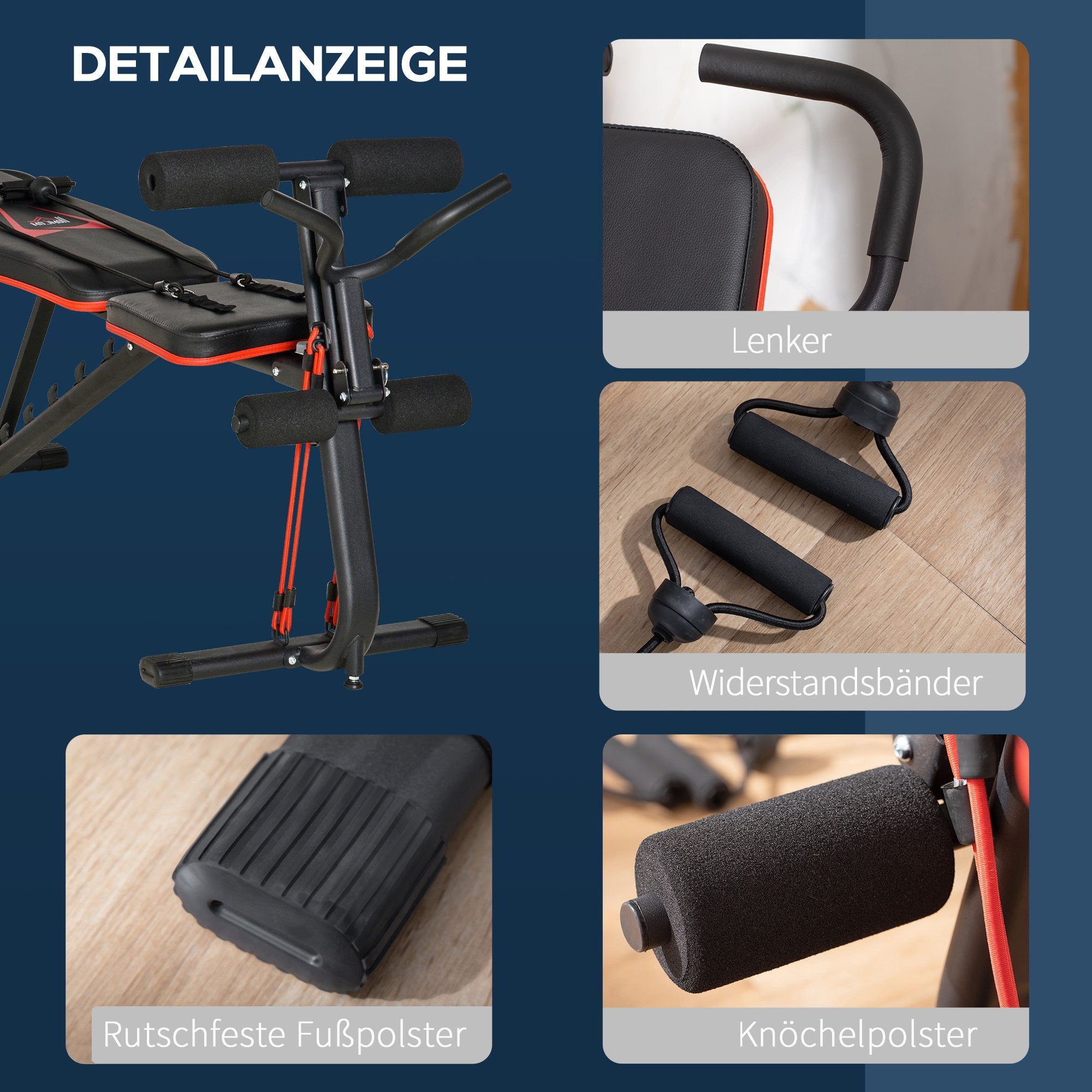 HOMCOM Hantelbank verstellbare Trainingsbank Stahl Kunstleder Schwarz+Rot, (Set, 1-tlg., 6 Stufen Rückenlehne-Gefälle Gewicht bis 150 kg), 145L x 49B x 48-127H cm