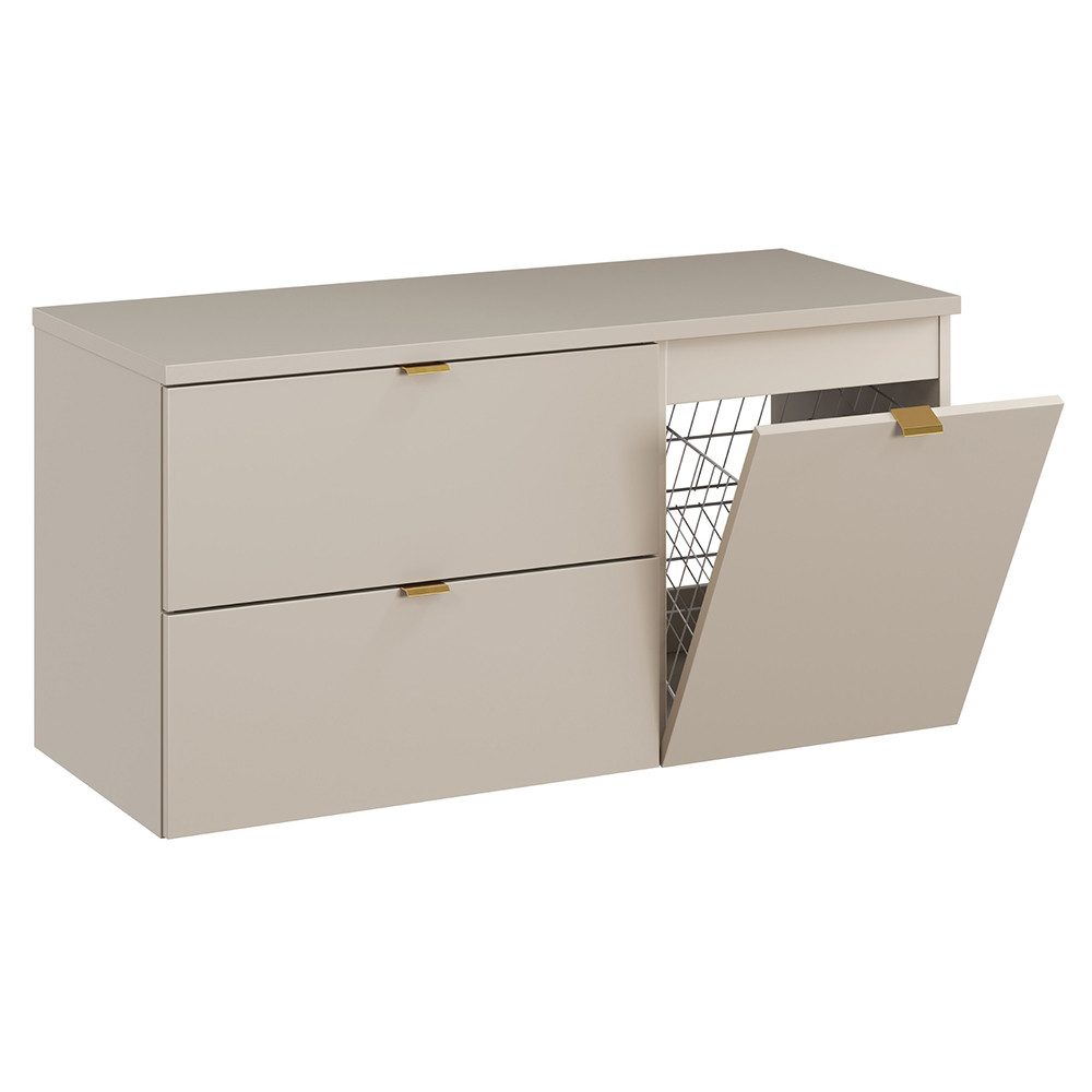 Lomadox Waschbeckenschrank DURANGO-56 80 cm breit in kaschmir, 2 Schubladen & 1 Klappe mit Wäschekorb