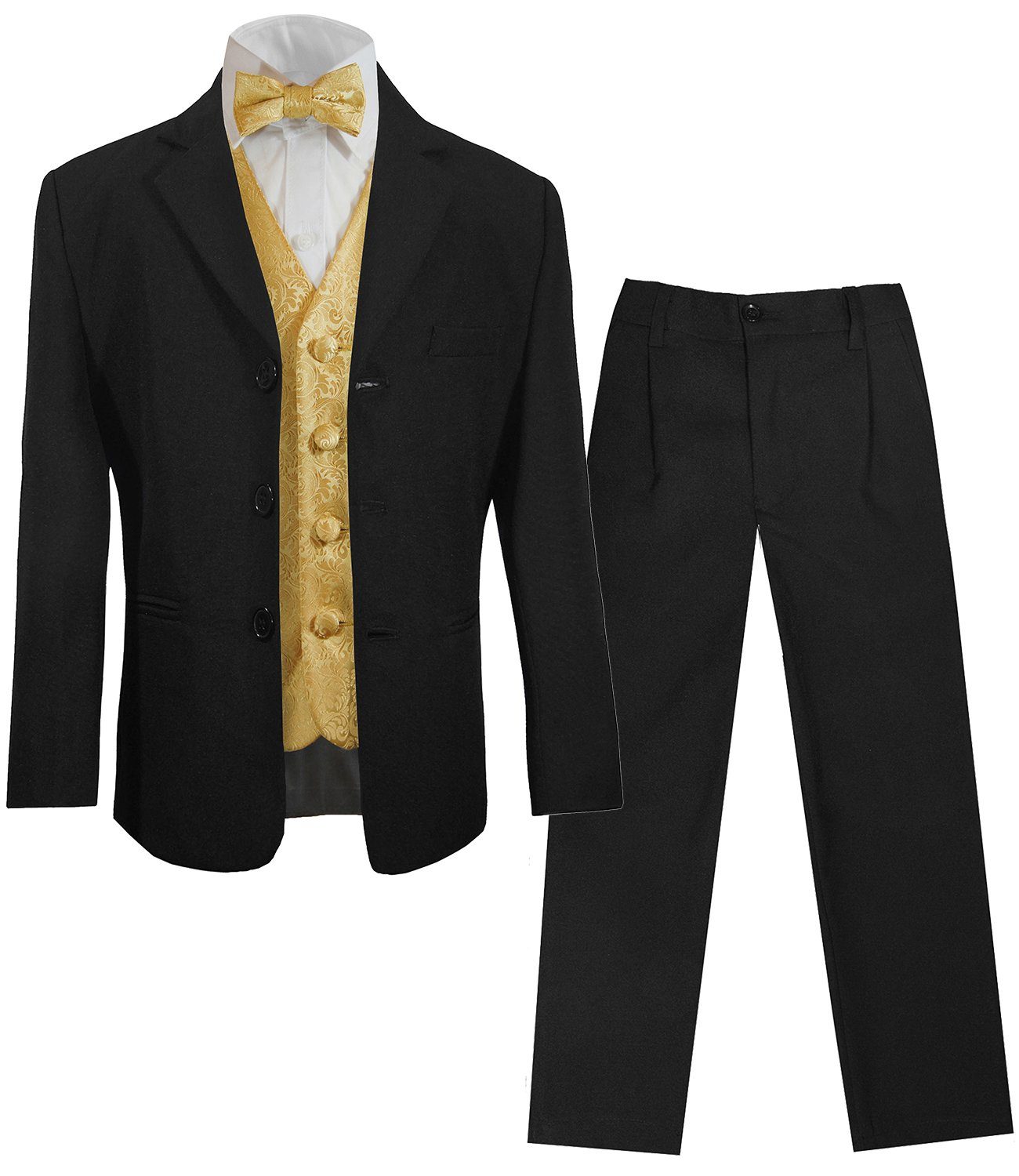 Paul Malone Kinderanzug 5-teilig Festlicher Jungsanzug schwarz Kommunionanzug - Kommunion Konfirmation (Set, 5-tlg., mit Sakko, Hose, Hemd, Weste und Fliege) gold, KA20KV97-Fliege, 104/110 (4 Jahre)