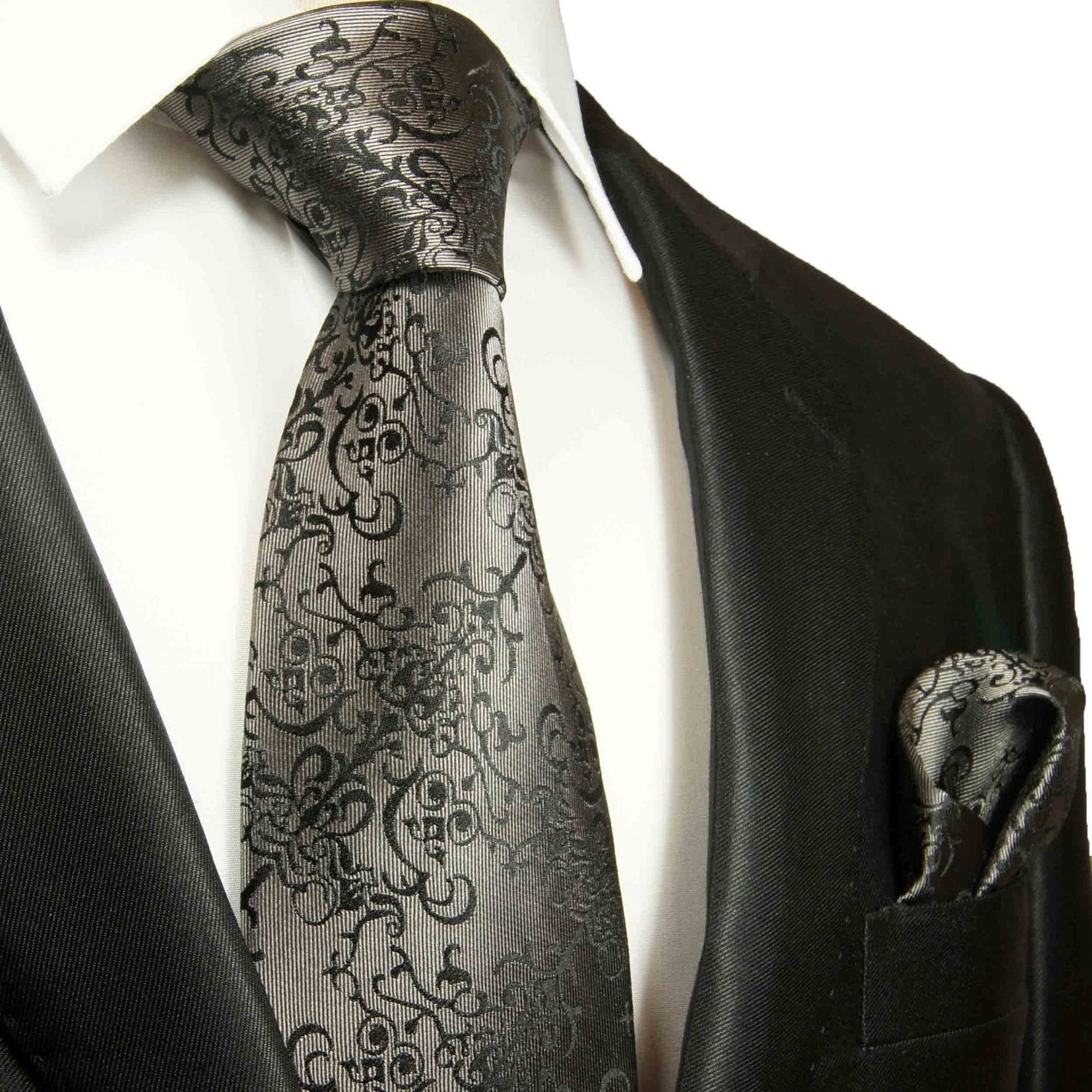 Paul Malone (8cm), barock modern Breit Herren 2-St., Krawatte Seide mit Seidenkrawatte silber Einstecktuch) grau Tuch (Set, mit Krawatte 100% 2051