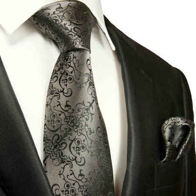 Paul Malone Krawatte »Herren Seidenkrawatte mit Tuch modern barock 100% Seide« (Set, 2-St., Krawatte mit Einstecktuch) Schmal (6cm), silber grau 2051
