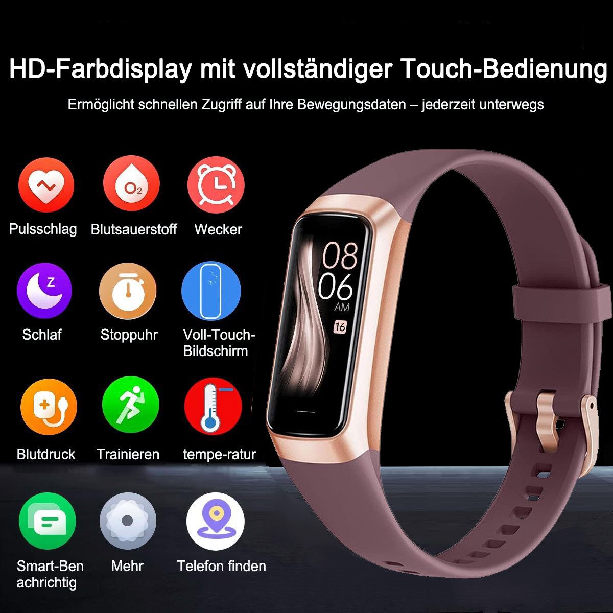 Futicare Fitness-Tracker Smartwatch mit 24/7 Herzfrequenz- & Blutsauerstoffmessung (Schlafmonitor, 1,1" AMOLED Touchscreen, 25 Sportmodi, Schrittzähler & IP68 wasserdicht für Damen & Herren)