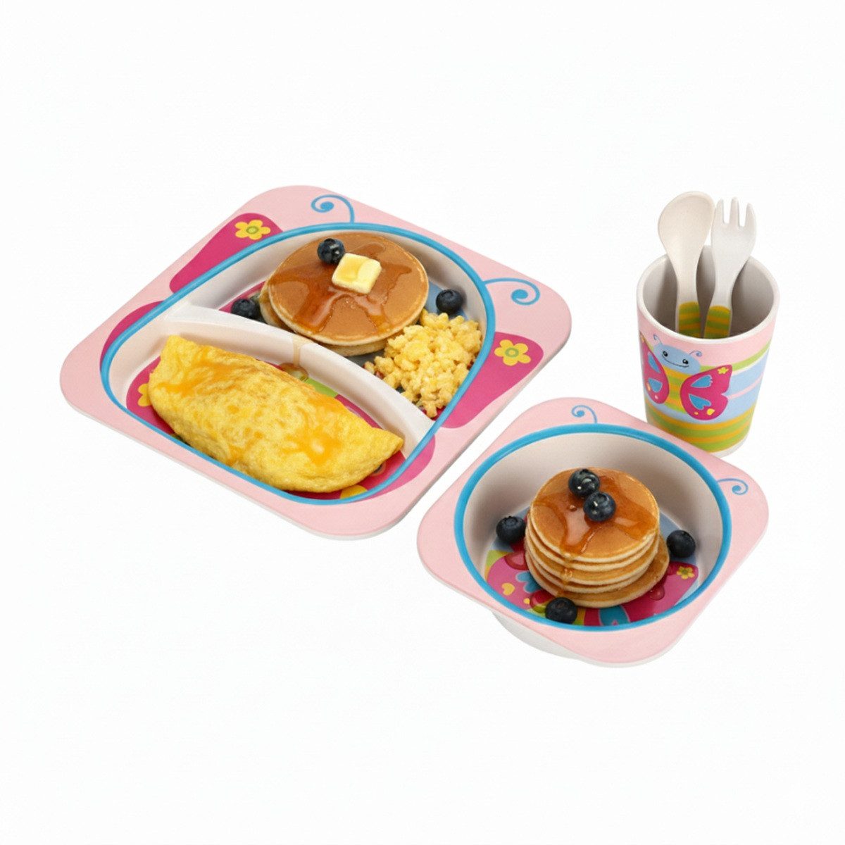 Cheffinger Kindergeschirr-Set 5-tlg aus Bambus in Schmetterlingsdesign - robust & bunt (5-tlg), Bambus – Bild 4 von 5