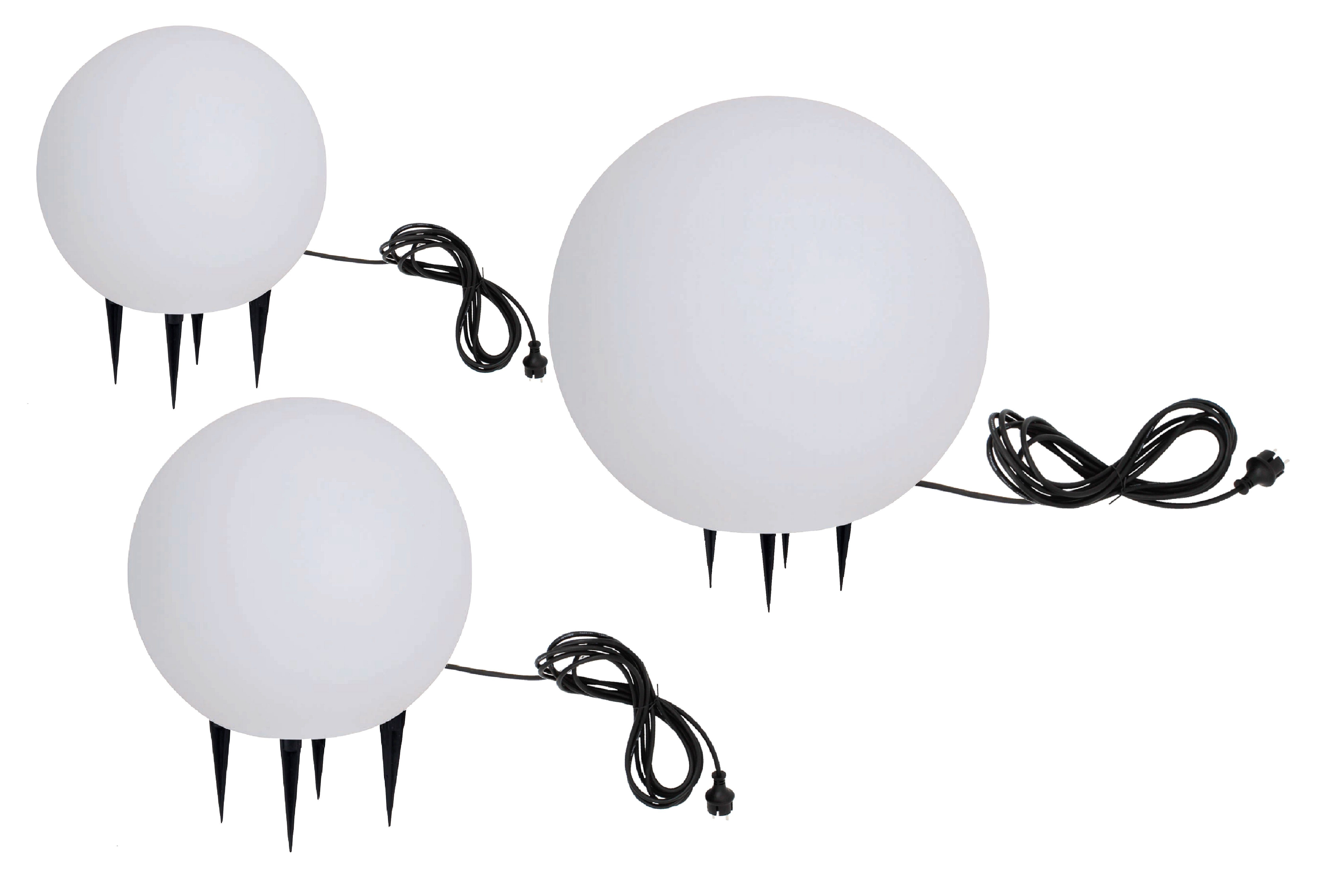TRANGO LED Gartenleuchte, 3er Set 202530WB IP65 Gartenkugel in Weiß matt mit 20/25/30cm Durchmesser SNOW Kugelleuchte inkl. je 1x 4 Watt E27 LED Leuchtmittel & je ca. 5 Meter IP44 Kabel, Gartenleuchte, Leuchtkugel