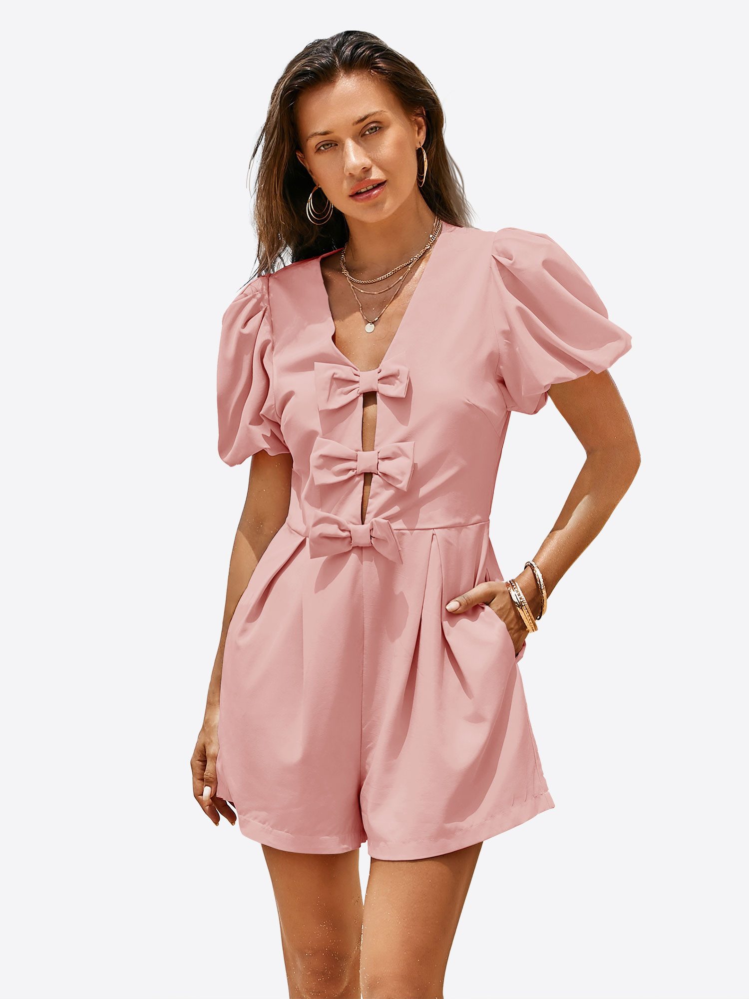 Imily Bela Strampler Damen Jumpsuits mit Schleife vorne und Puffärmeln (Pac günstig online kaufen