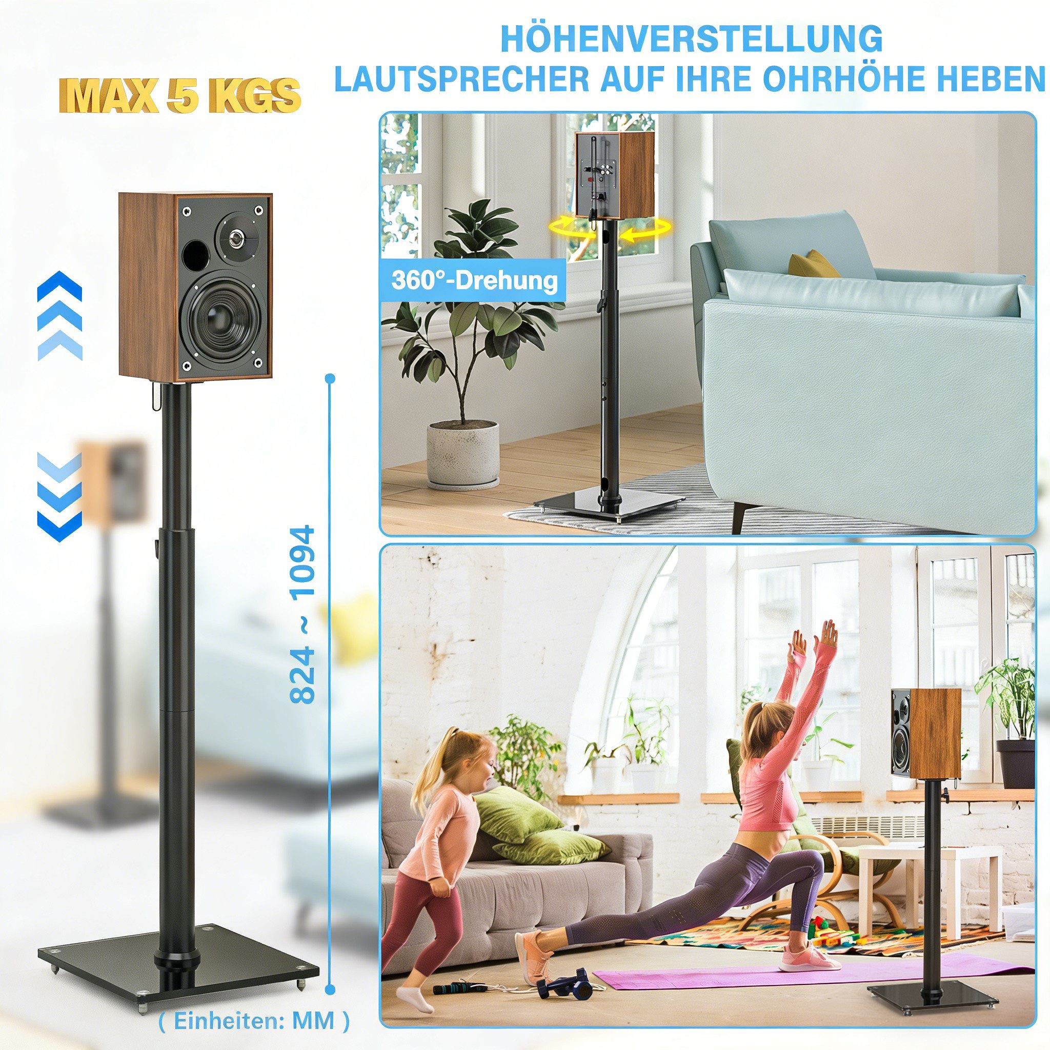 5Rcom Lautsprecherständer 2er-Set mit Kabelführung, höhenverstellbar, (2-tlg., für Surround-Lautsprecher, 5 kg Tragkraft)
