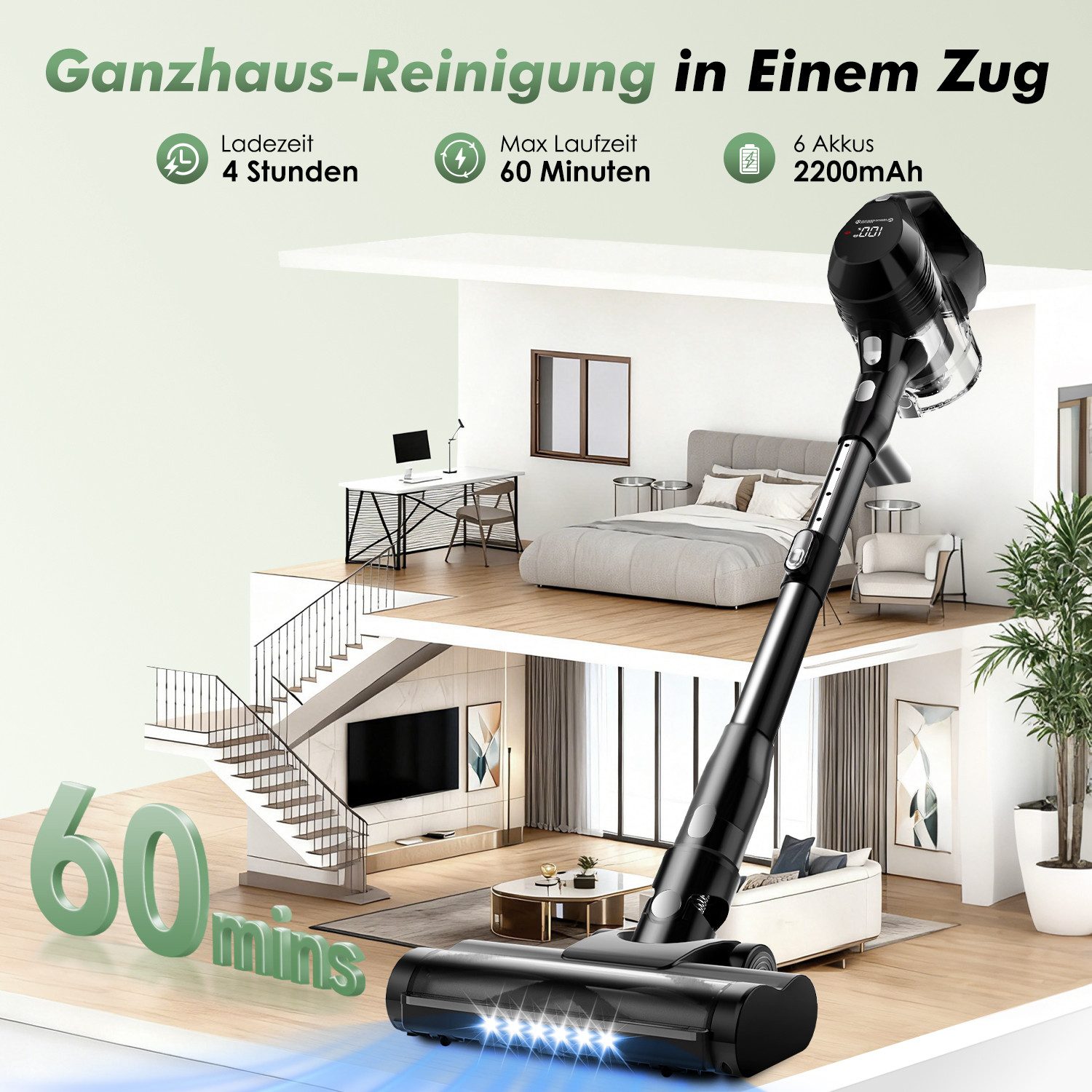 Adormii Akku-Hand-und Stielstaubsauger Akku Staubsauger 60000pa, Staubsauger Kabellos, 60Min/1,8L, beutellos,Smart LED-Display,4*HEPA,Filterwirkung 99,99 %,LED und Anti-Verwicklungs-Bodenbürste, Akkustaubsauger für Teppich, Hartböden, Tierhaare