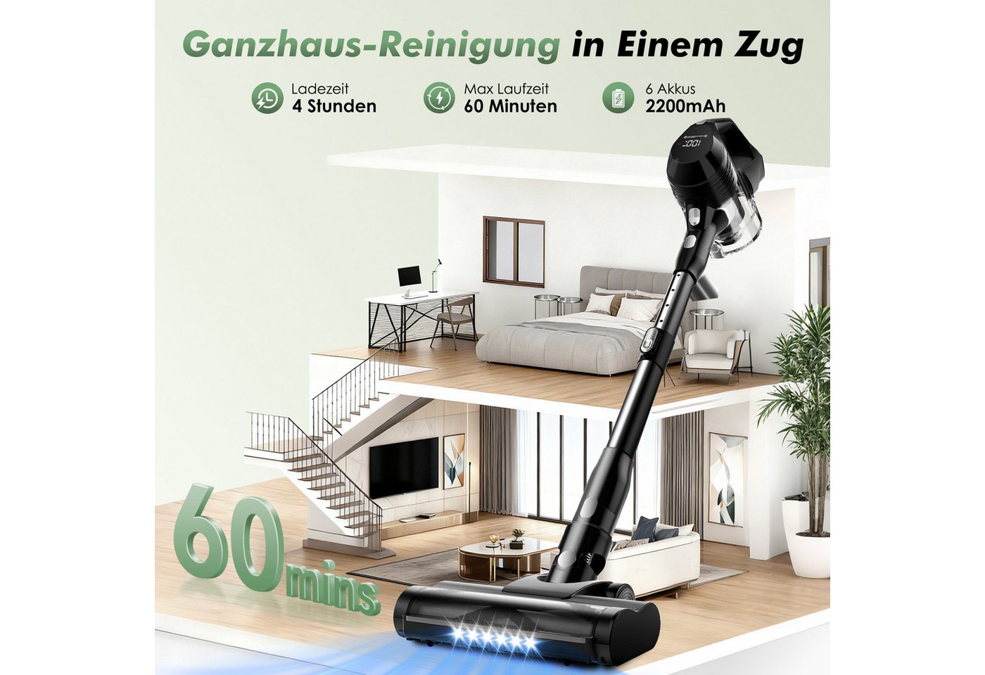 Adormii Akku-Hand-und Stielstaubsauger Akku Staubsauger 60000pa, Staubsauger Kabellos, 60Min/1,8L, beutellos,Smart LED-Display,4*HEPA,Filterwirkung 99,99 %,LED und Anti-Verwicklungs-Bodenbürste, Akkustaubsauger für Teppich, Hartböden, Tierhaare