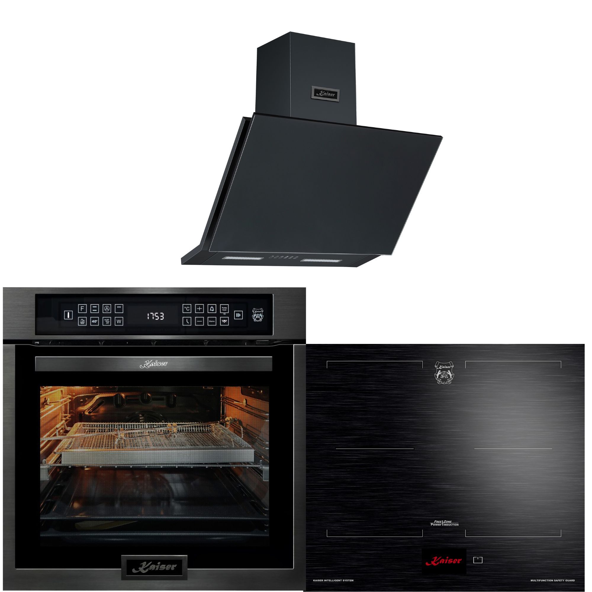 Kaiser Küchengeräte Backofen-Set Herd Set Autark Einbau Backofen 79L Temperatursonde – Bratautomatik 15 Fkt. Grill Air fryer Full Touch 60 cm mit Induktionskochfeld 60 cm FREE ZONE mit 2 FLEX Induktions-Zonen TFT Display+Dunstabzugshaube 60cm 1250m³/h Schwarz matt EH 6306 RS N+KCT 6140 FI+AT 6455 s, mit 1-fach-Teleskopauszug