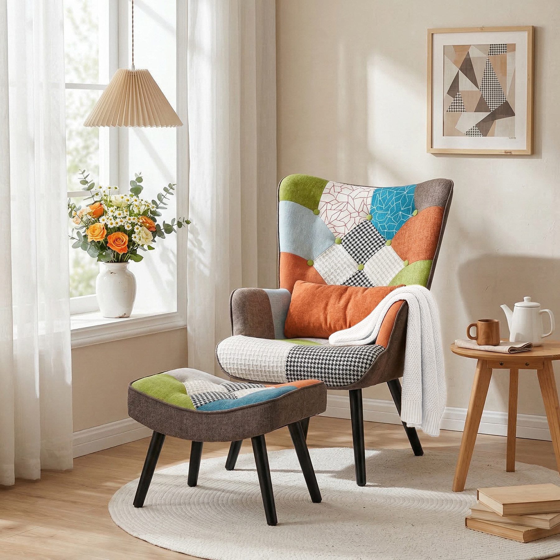 HomeMiYN Ohrensessel Relaxsessel Lehnstühle Patchwork Ohrensessel mit Hocker lesesessel, Chair