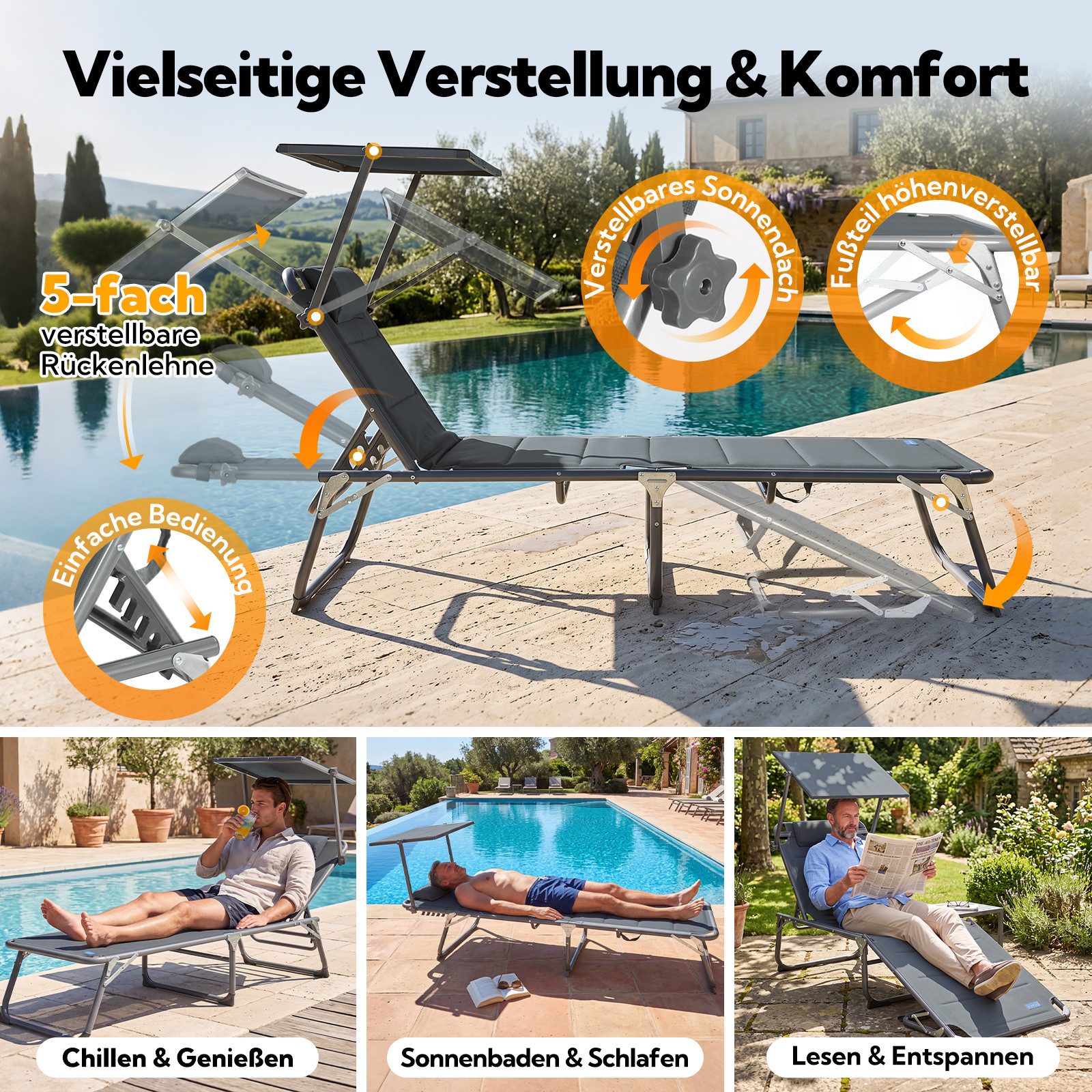 HOMECALL Gartenliege Sonnenliege AluLiege Liegestuhl Strandliege Liegen wetterfest, klappbar, Textilene Mit Dickemschnelltrocknende Schaumstoffpolsterung, Verst – Bild 3 von 5