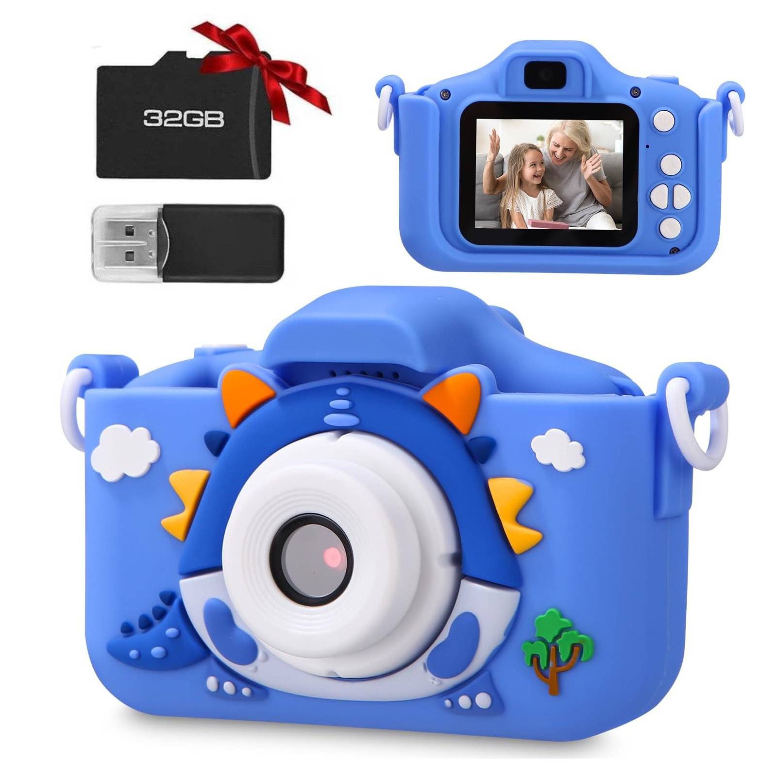 BlingBin 2.0” Display Digitalkamera, 1080P HD Fotoapparat mit 32GB SD Karte Kinderkamera (inkl. 1 Stück, Videokamera mit Puzzlespiele & Musikmodus für 3-12Jahre Kinder, Blau)