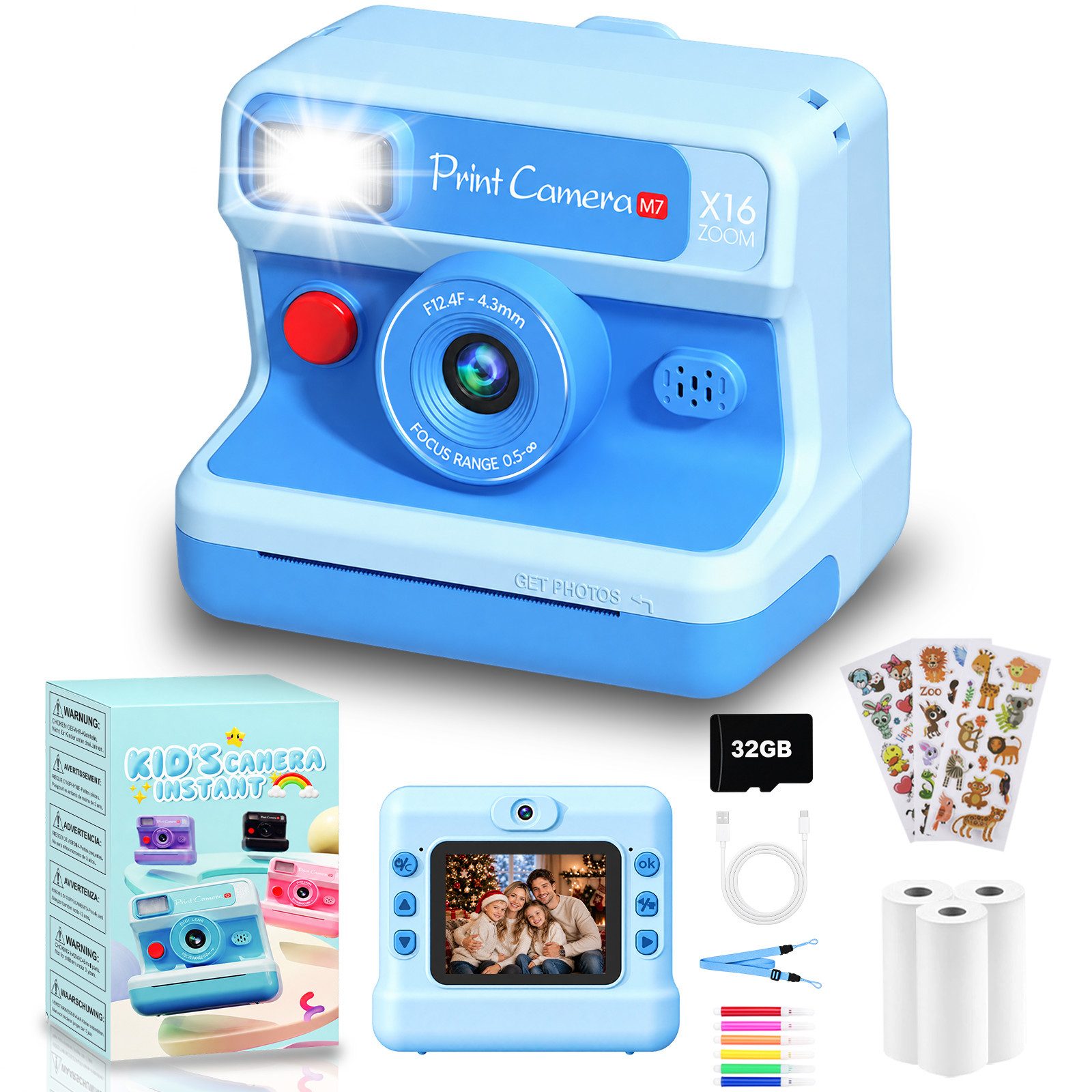 Whraills Kinderkamera Sofortbildkamera,Dualkameras,1080P mit 2,4" Bildschirm Kinderkamera (inkl. 32GB TF Karte,3 Rollen Druckpapier,3 Aufklebern,6 Filzstifte, 30MP Sofortbildkamera Kinderspielzeug Geschenk für Kinder 3-14 Jahren)