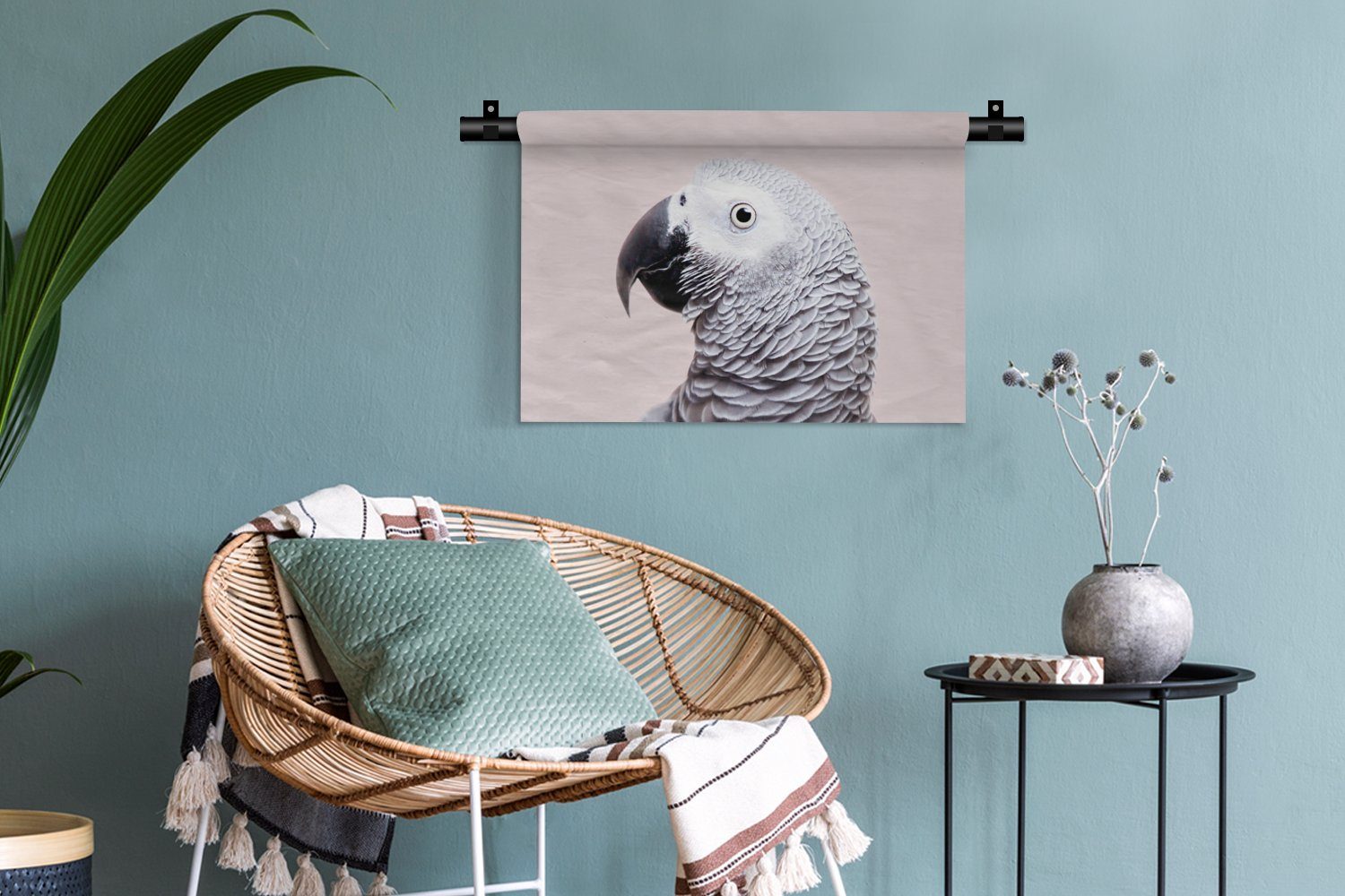 MuchoWow Wandbehang, Grau Kleid, Schlafzimmer, für Wanddeko Wohnzimmer, - Wanddekoobjekt Natur, Kinderzimmer Papagei - - Tiere
