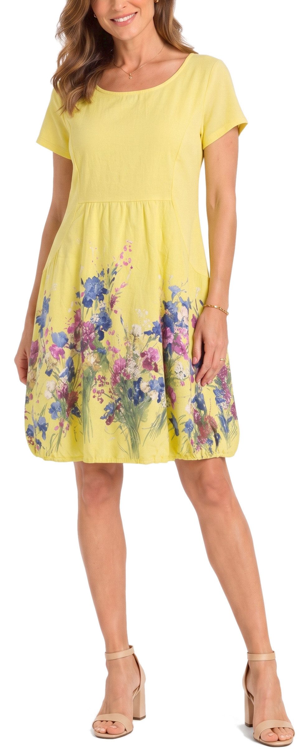 dy_mode Midikleid Damen Sommerkleid mit Blumenmuster Ballonkleid kurzarm Kurzarmkleid Leicht tailliert, 95 cm lang, Blumen-Print