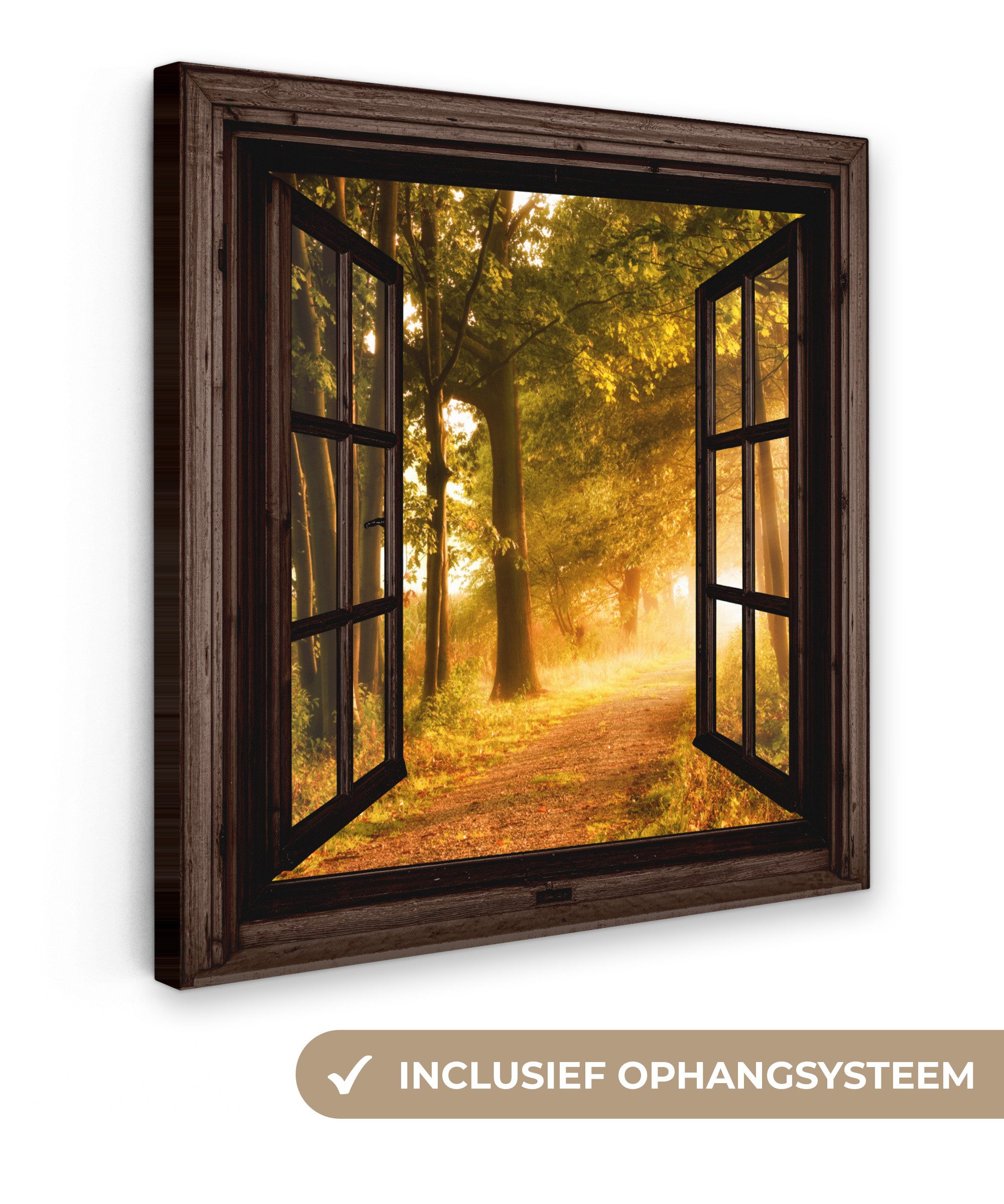 OneMillionCanvasses® Leinwandbild Wald - Bäume - Sonnenlicht - Herbst - Weg - Natur - Fensterblick, Fotodruck (1 St), Wandbild, Deko Schlafzimmer Wohnzimmer Flur 20x20 cm