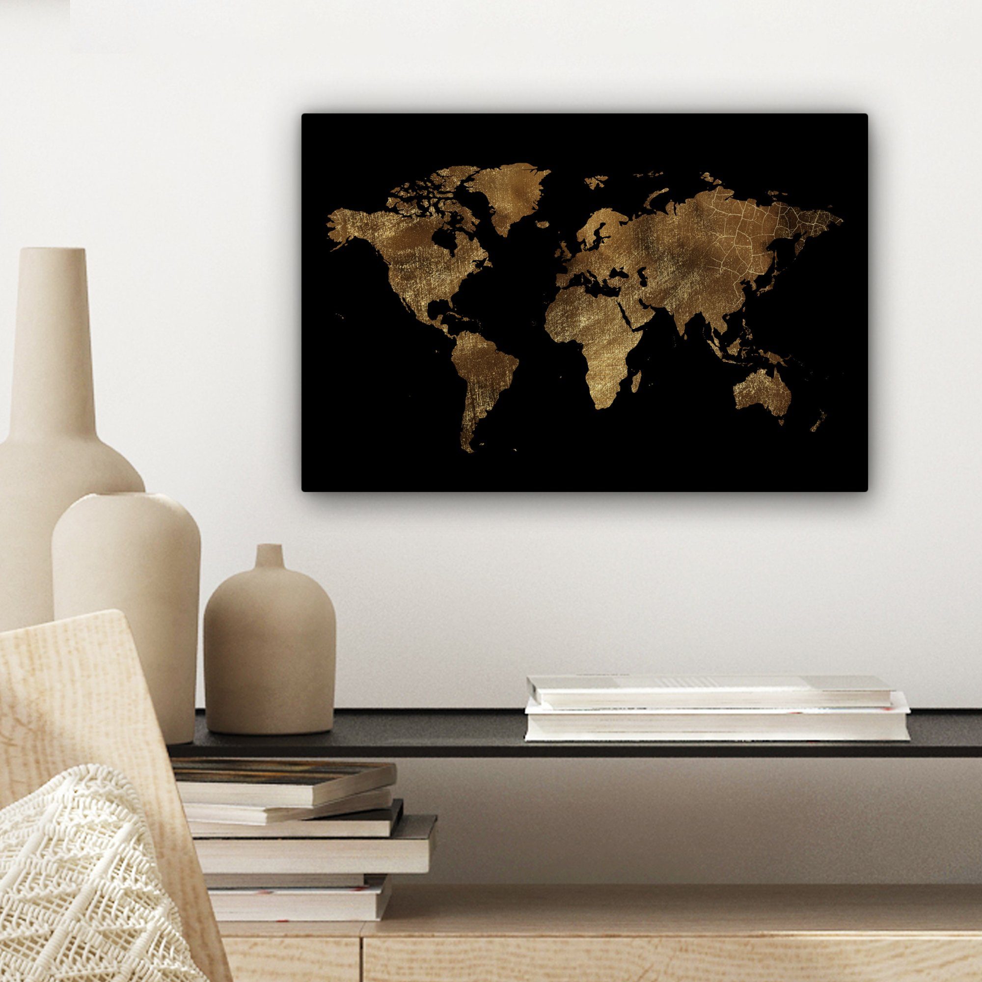OneMillionCanvasses® Aufhängefertig, 30x20 - - - Wandbild (1 Leinwandbild Wanddeko, - Erde Leinwandbilder, Weltkarte cm Gold St), Luxus Schwarz,
