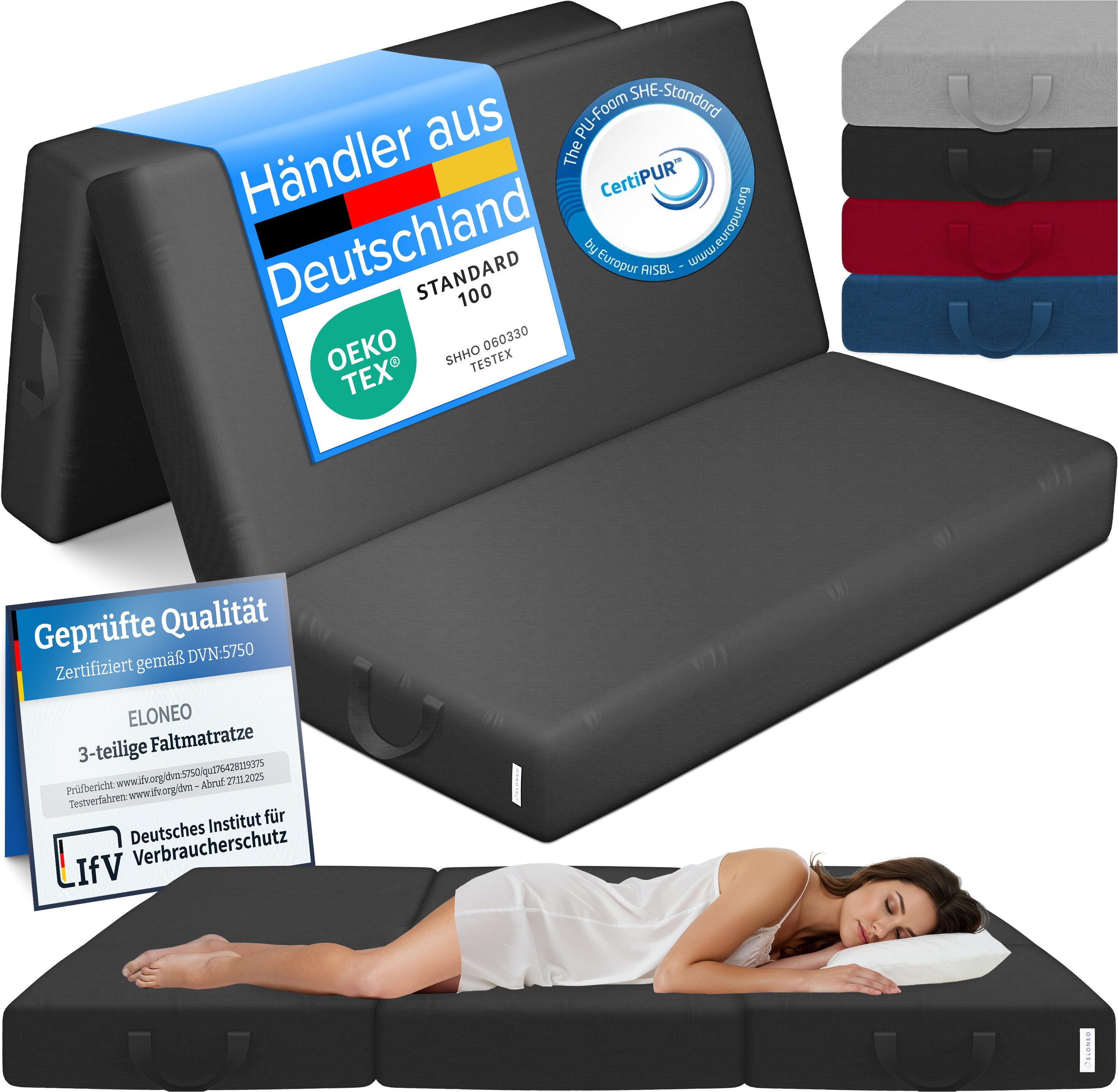 Klappmatratze 3-teilig, Gästematratze mit extra dickem Schaumstoff, ELONEO, 15 cm hoch, waschbarer Bezug, geeignet für Hausstauballergiker, schadstoffgeprüft