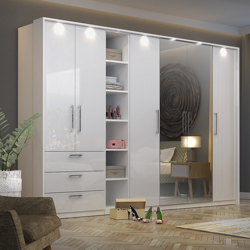 Lomadox Kleiderschrank OLMO-83 weiß mit Fronten in Hochglanz 299/217/63 cm günstig online kaufen