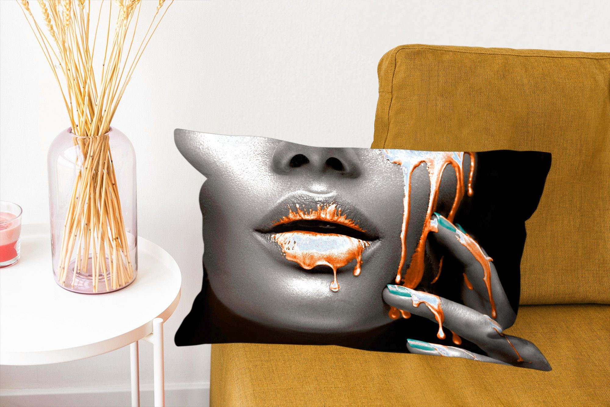 MuchoWow Dekokissen Lippen - Wohzimmer Orange Schlafzimmer Zierkissen, mit Schwarz, Füllung, Dekoration, Dekokissen 