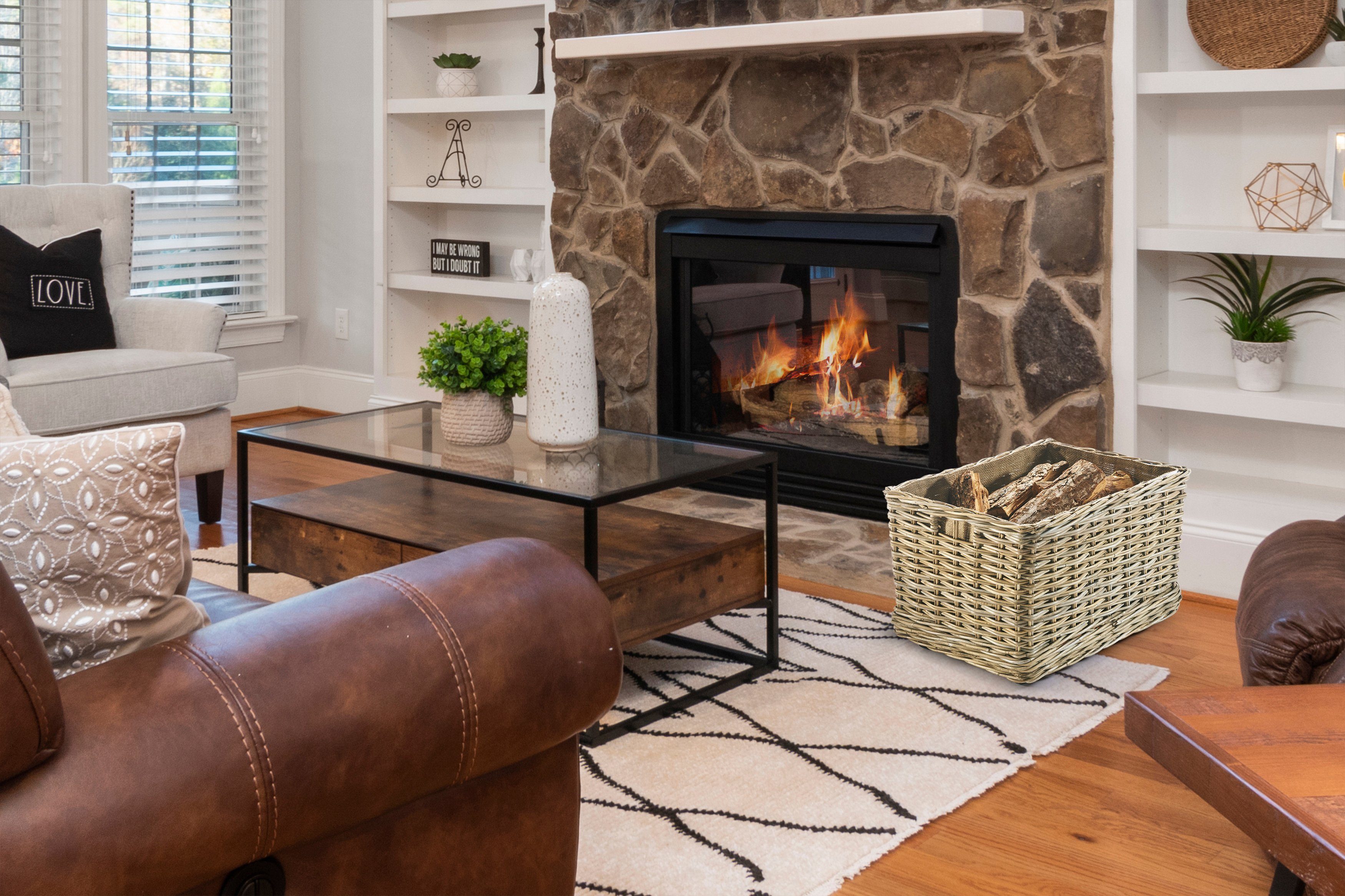 Kobolo Kaminholzkorb Holzkorb aus Rattan mit Leinenfutter und Rollen günstig online kaufen