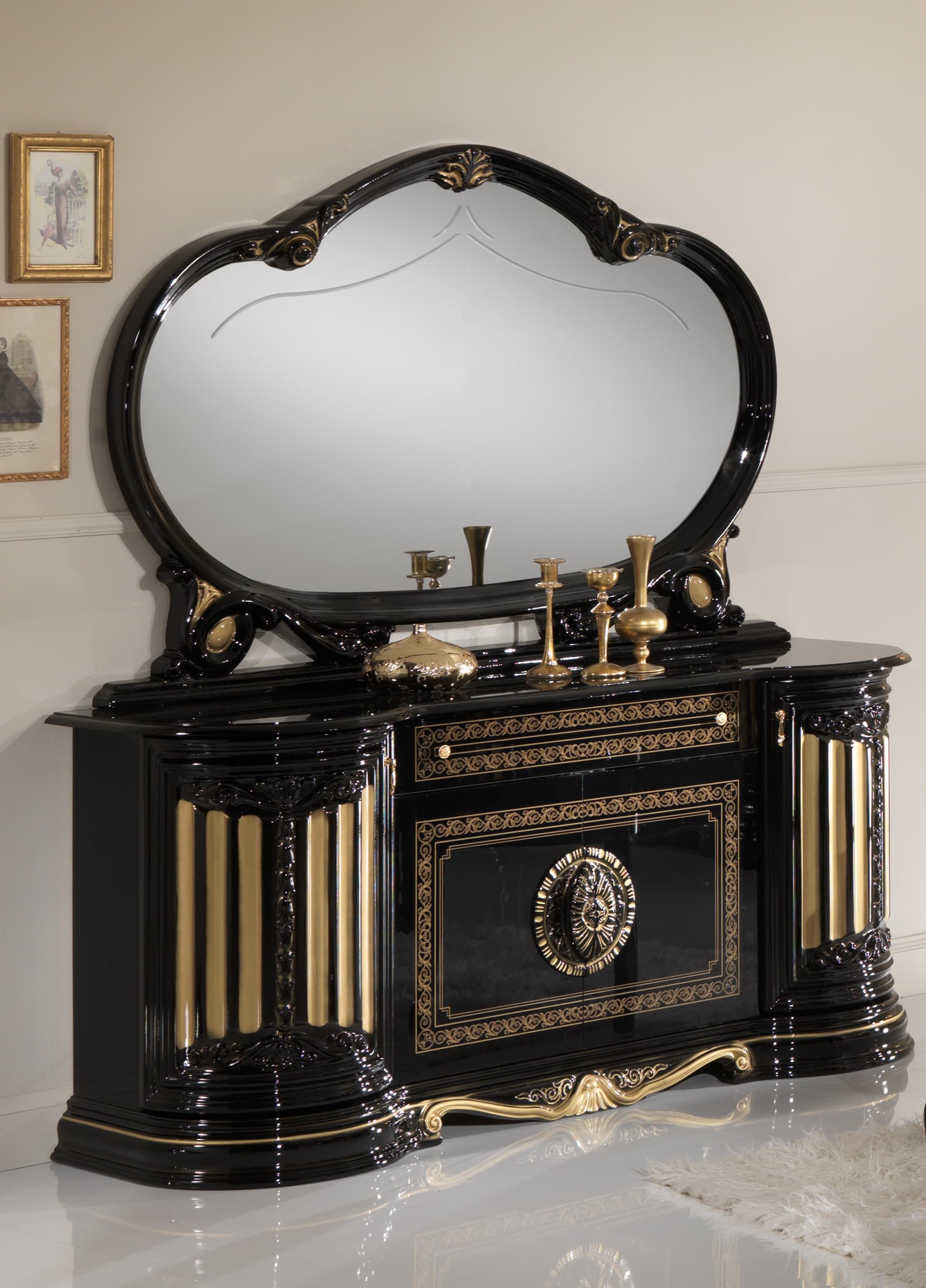 Interdesign24 Barockspiegel Bella (mit schwungvollem Rahmen und Goldverzierungen, mit Gravur), in Schwarz/Gold Hochglanz