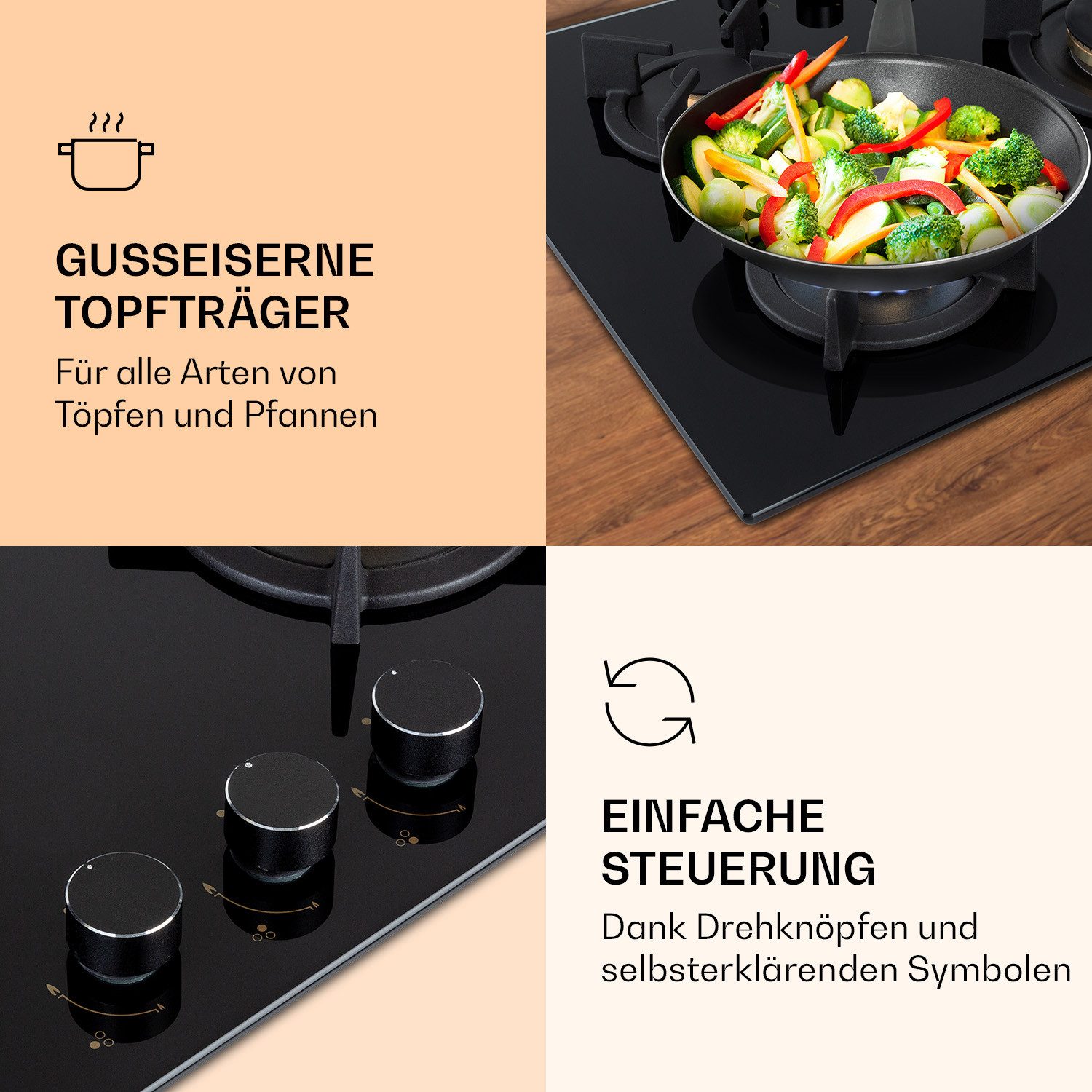 Klarstein Gas-Kochfeld Goldflame 3, Einbau Gas Kochfeld 3 Platten Herdplatte Kochplatte Einbaukochfeld