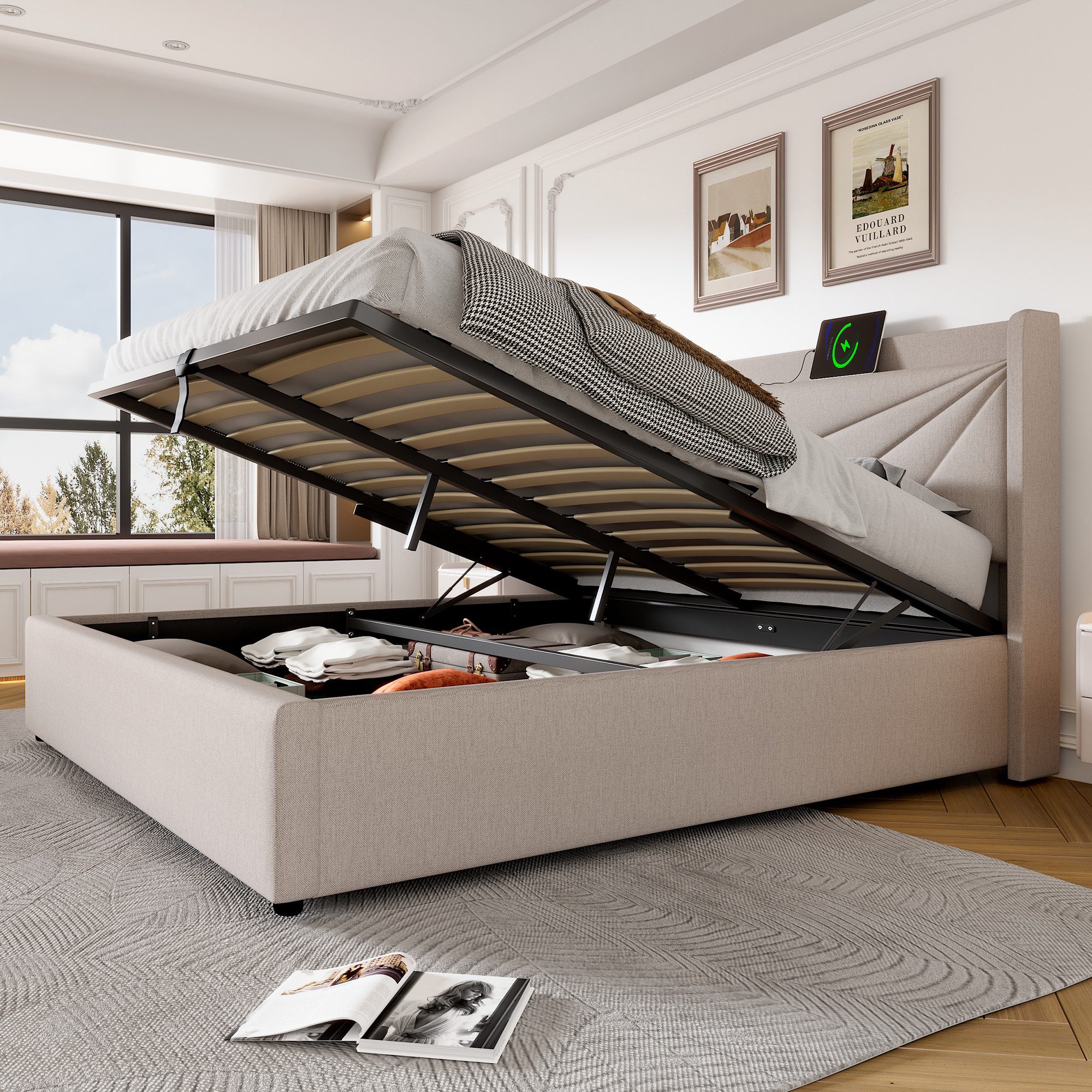 Flieks Polsterbett, Massivholz Stauraumbett mit USB/Typ-C Ladeanschluss 160 günstig online kaufen