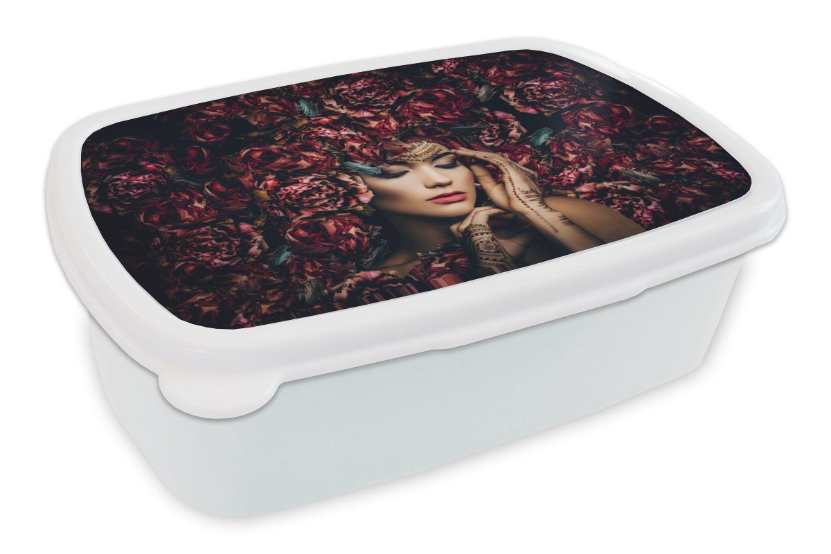 MuchoWow Lunchbox Frau - Blumen - Henna - Porträt, Kunststoff, (2-tlg), Brotbox für Kinder und Erwachsene, Brotdose, für Jungs und Mädchen weiß