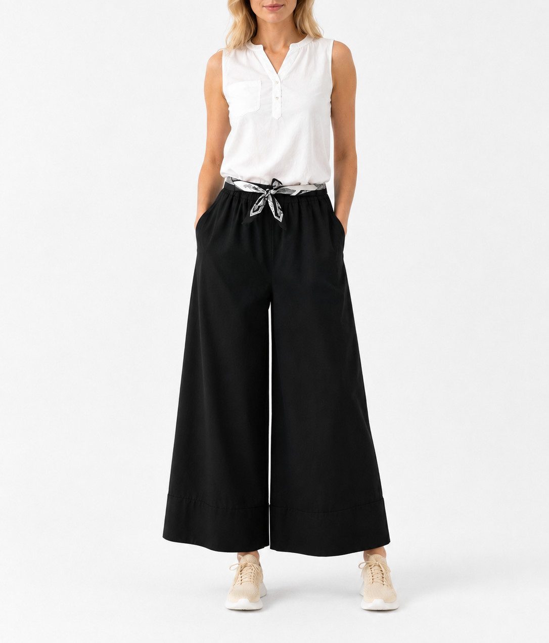 Mississhop Palazzohose Damen Culotte Hose weit mit elastischem Bund und Stoffgürtel 2093