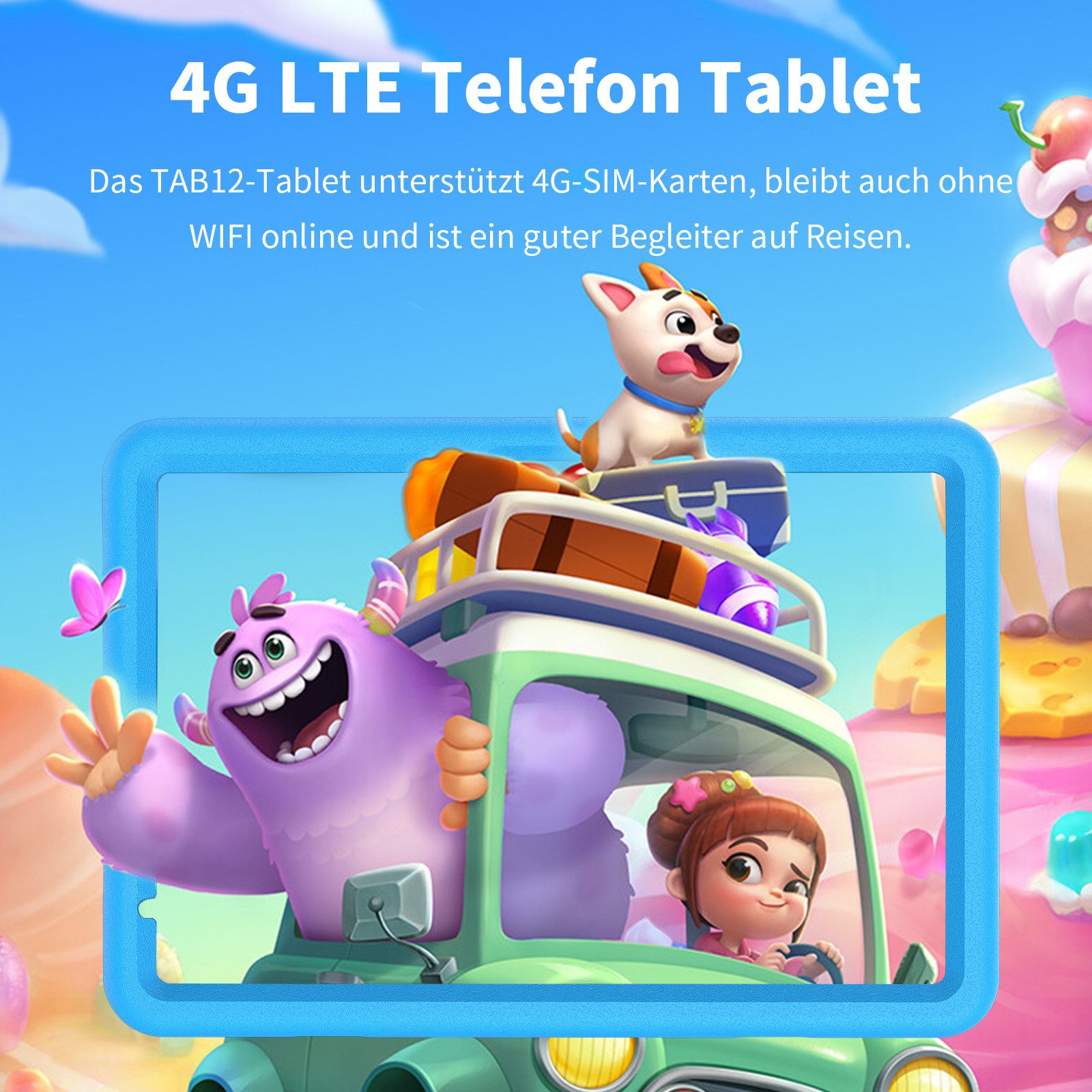 VASOUN 10-Zoll-Kindertablet, 128 GB, Kindersicherung, mit Kindersoftware Tablet (10.1 Zoll Tablet", 128 GB, 4G-Telefonie) blau