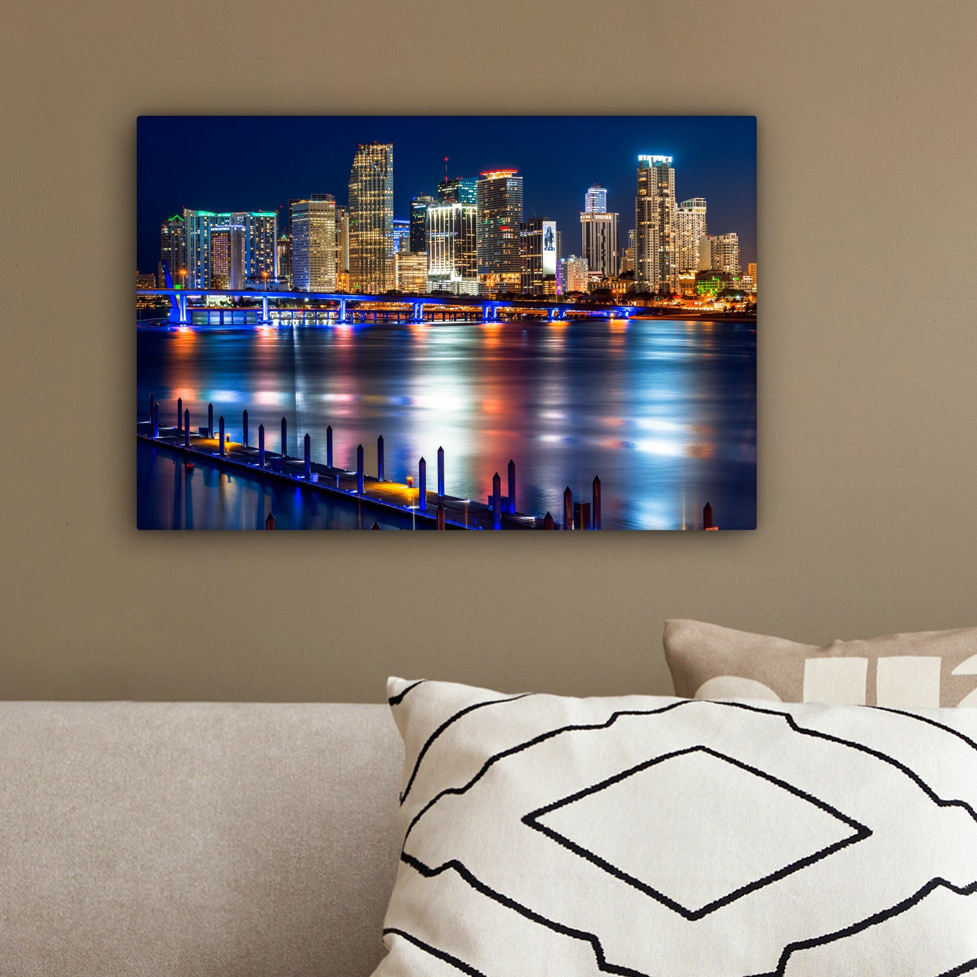 - Leinwandbild Miami 30x20 Aufhängefertig, St), Skyline Wandbild (1 Wanddeko, - Amerika, OneMillionCanvasses® cm Leinwandbilder,