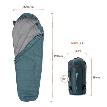 Lumaland Mumienschlafsack Where Tomorrow Camping Schlafsack Small & Light, mit Tasche - 220 x 80 x 50 cm wasserabweisend Konturkapuze Wärmekragen
