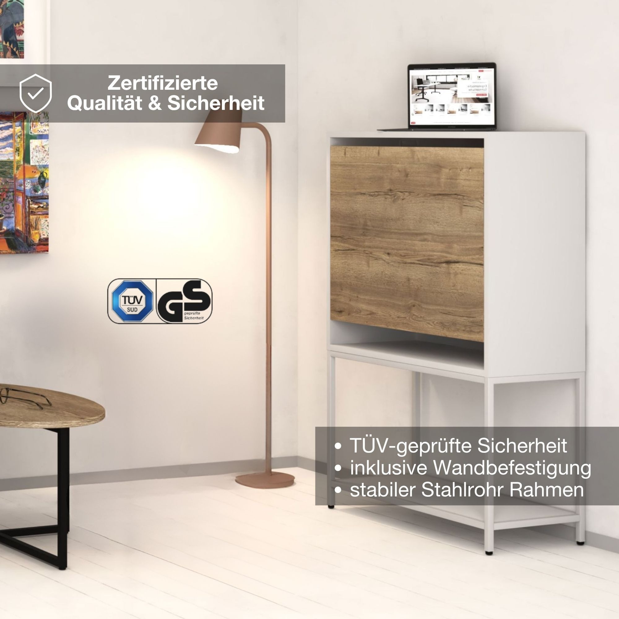 ASSMANN Büromöbel Sekretär CUBAS Premium (74x80cm Eiche Natura Schwarz Weiß 123x80x36cm, einfache Montage, für Homeoffice), TÜV-zertifiziert