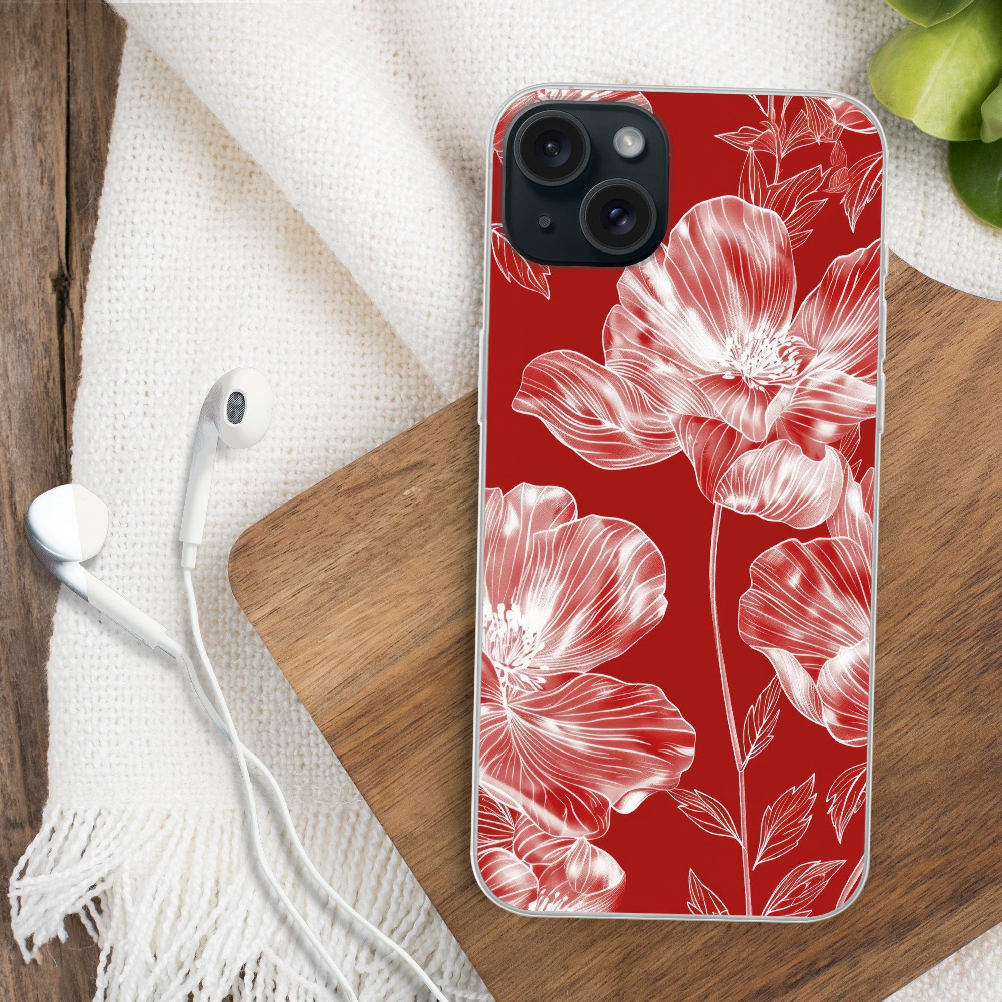 MuchoWow Handyhülle für Apple iPhone 15 Plus Blumen - Muster - Rot - Weiß, Smartphone-Bumper, Print, Handy Schutzhülle Dünn