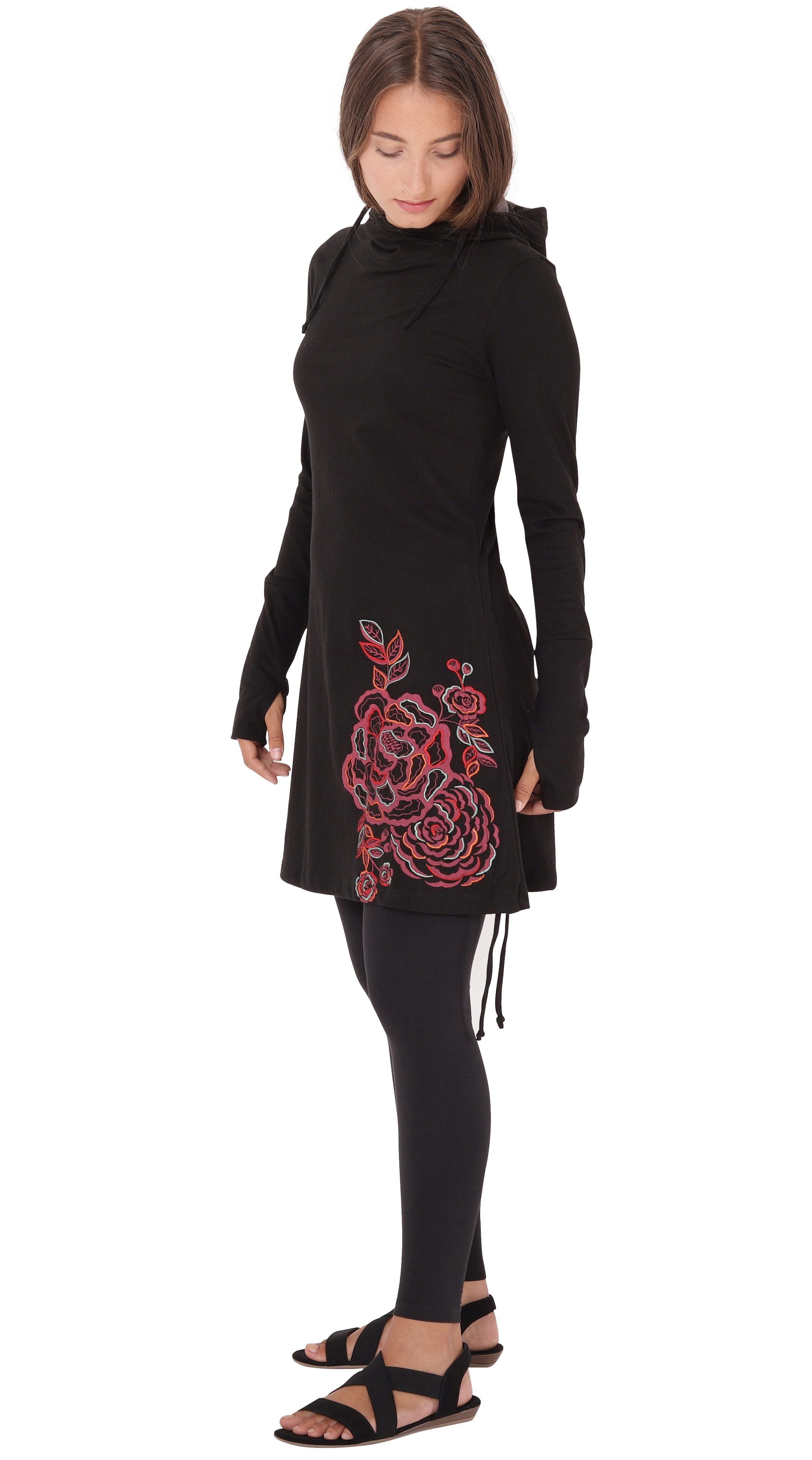 Kapuzenkleid A-Linien-Kleid PUREWONDER Blumen-Print Jersey mit Schwarz dr132