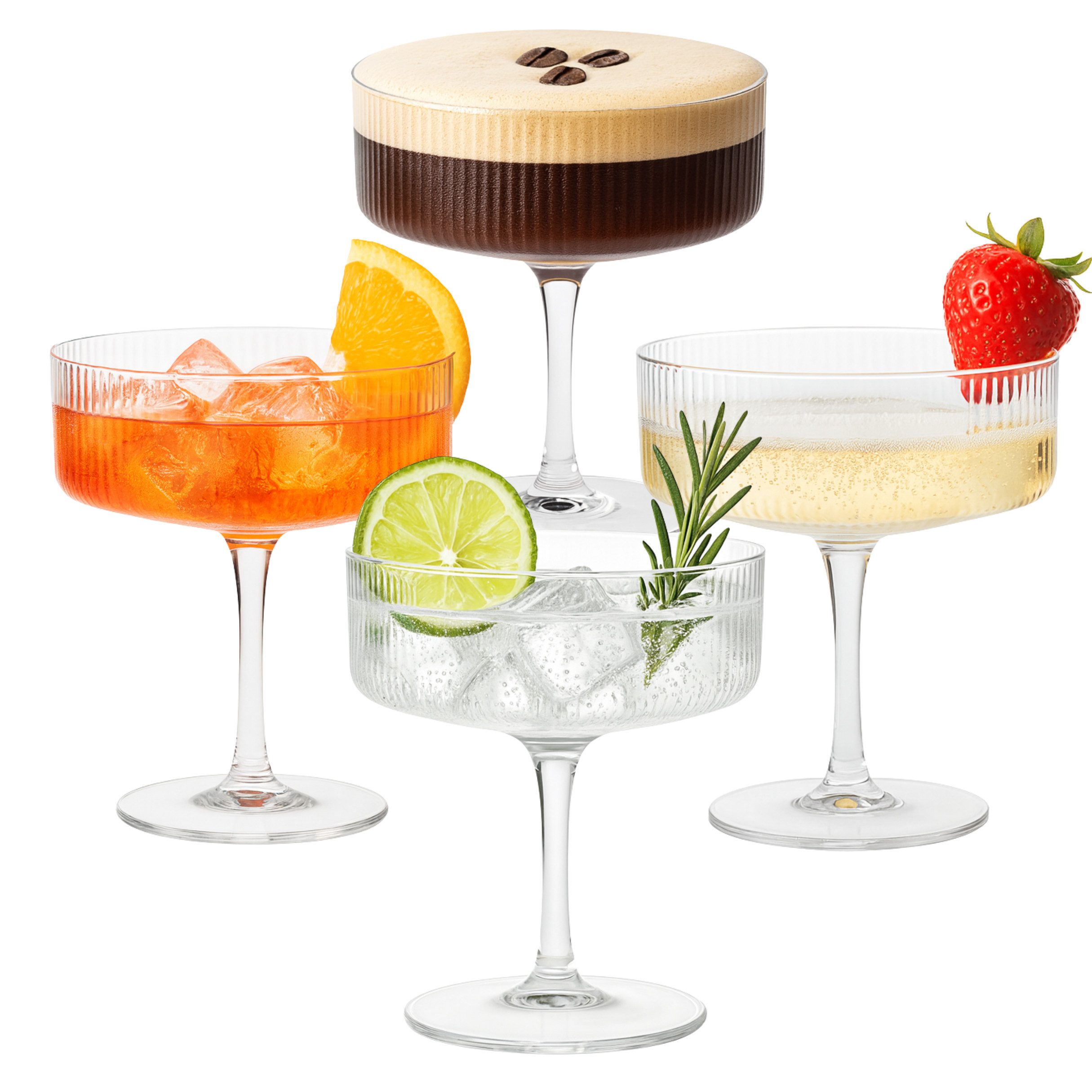DAL CERO Martiniglas Cocktailglas – Elegantes geripptes Glas für Cocktails & Desserts, 4-tlg., 1-12er Set in 2 Größen