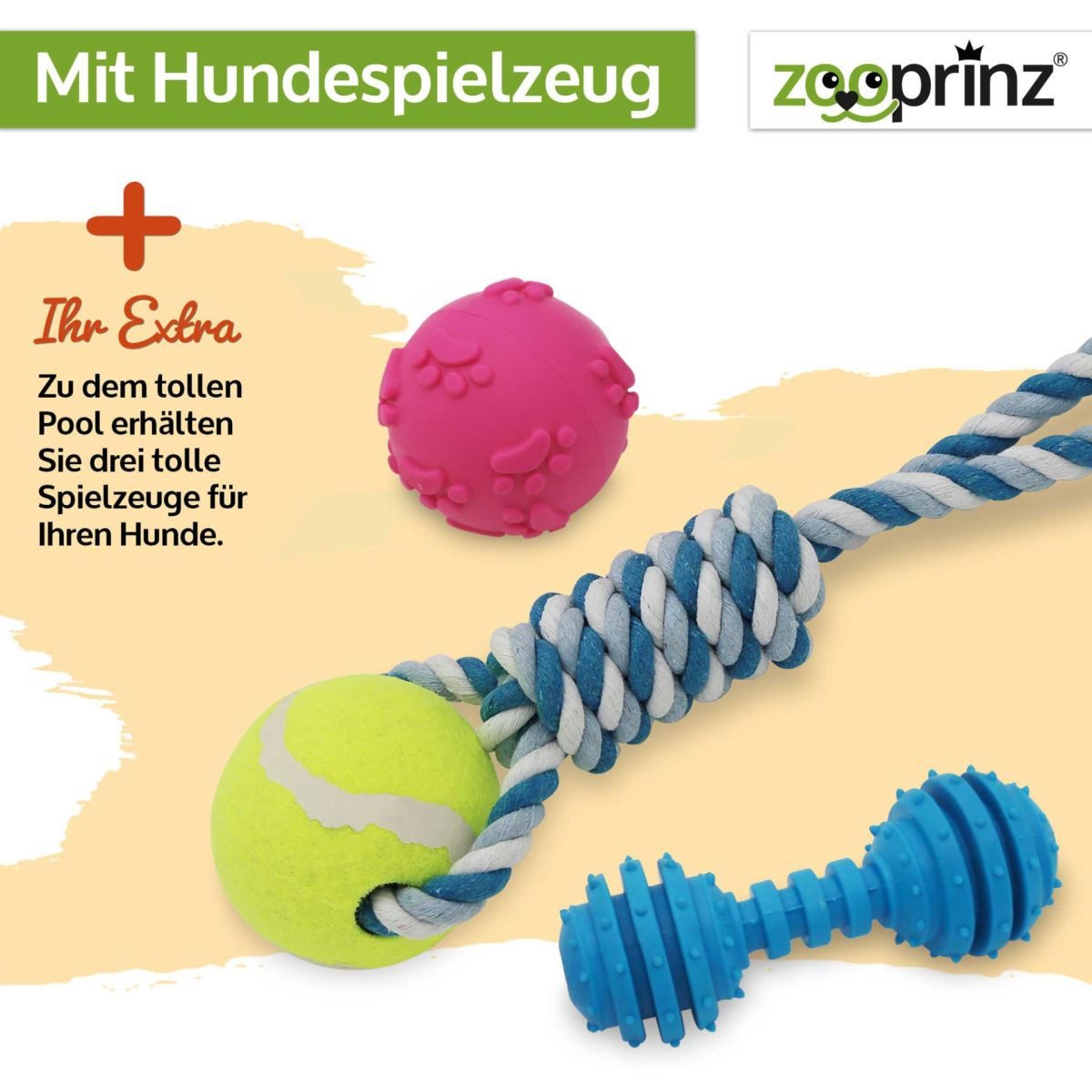 Zooprinz Hundepool inklusive drei Spielzeuge, stabil, faltbar, UV-Beständig, Schlauchanschluss, mit Reperaturkleber, für Hunde, Katzen, Kinder
