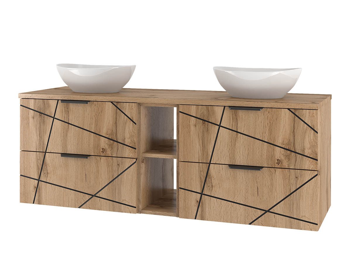 einfachgutemoebel Waschtisch-Set Badset 2-tlg. Doppelwaschtisch 140cm STRIATA, Wotan Aufsatzbecken, (Badmöbel Set, 1-St., Waschtisch Unterschrank)