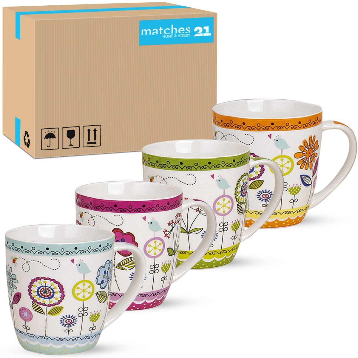 matches21 HOME & HOBBY Tasse Kaffeetassen 36er Set Blumen Herzen Sommer Frühling, 36-tlg., Porzellan, Tee Kaffee-Becher modern lila orange grün blau 350 ml