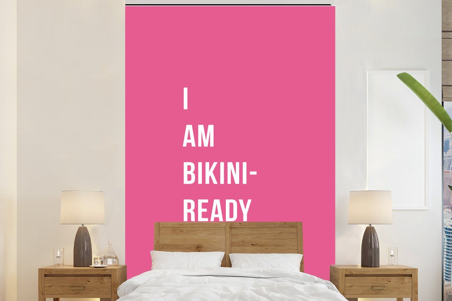MuchoWow Fototapete Pink - Zitat - Ich bin bereit für den Bikini, Matt, bedruckt, (3 St), Montagefertig Vinyl Tapete für Wohnzimmer, Wandtapete