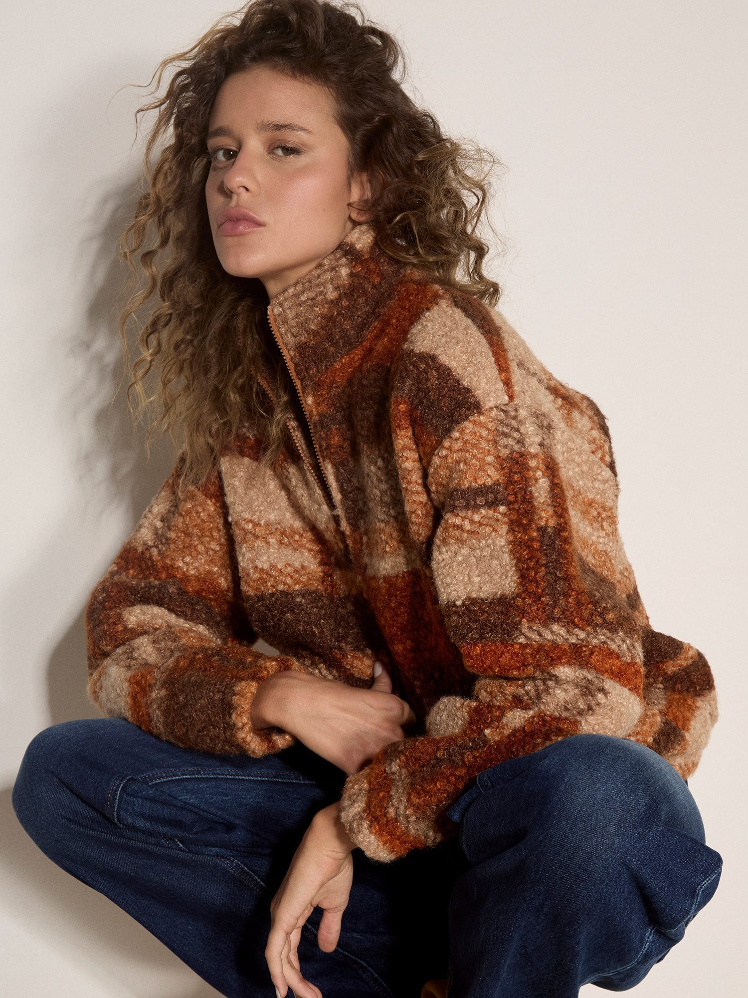 Apricot Kurzjacke Weiche Bouclé-Karojacke mit Taschen