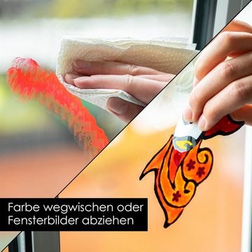 OfficeTree Kreativset Fensterfarben 8*80ml inkl. Schablone, (8er Set), Fenstermalfarben Window Color Set mit Malvorlagen Kulleraugen Glitzersteine