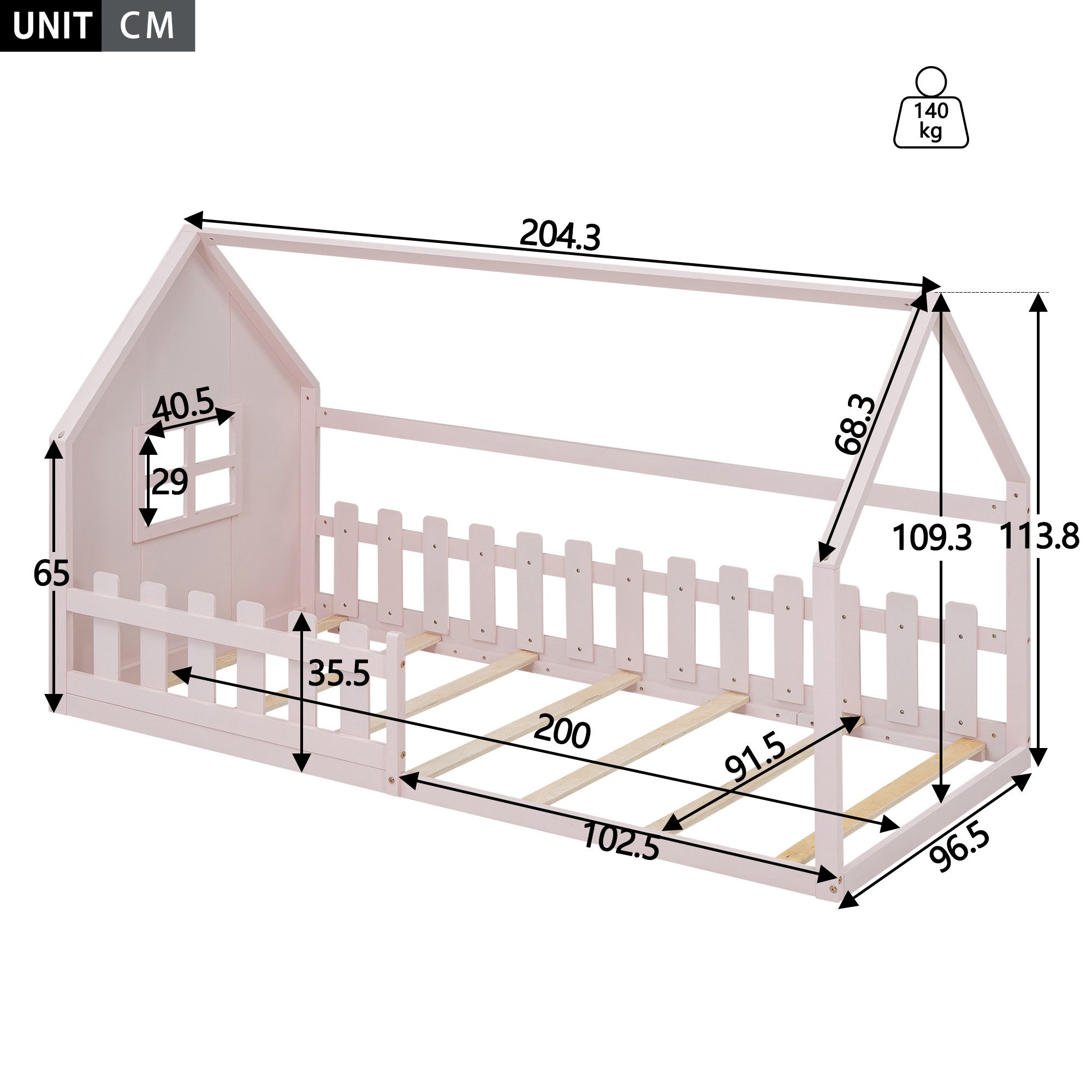 Flieks Massivholzbett, Kinderbett Hausbett Einzelbett 90x200cm mit Lattenrost und Zaun