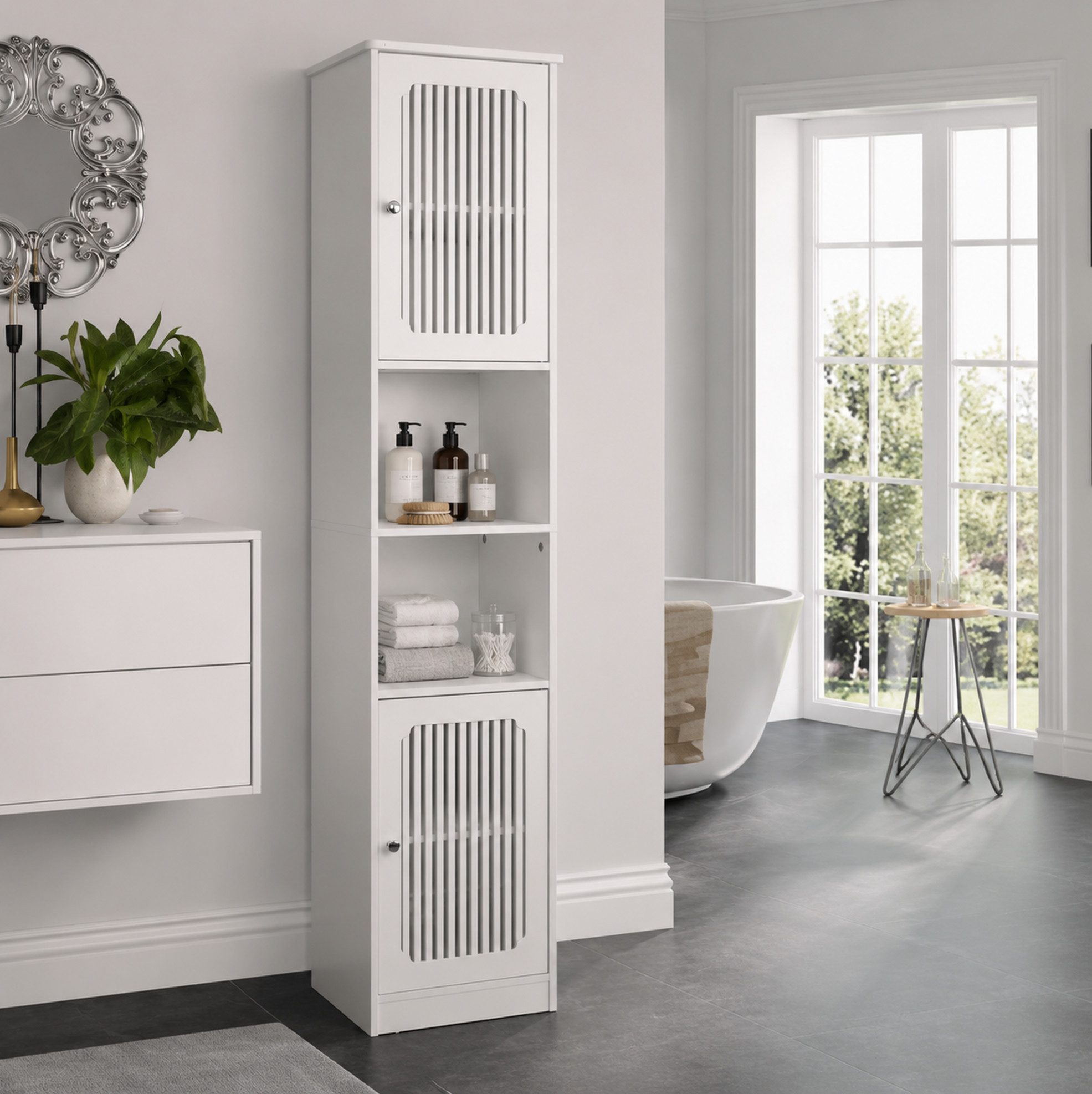 MODFU Badkommode 163 cm Hochschrank Weiß für Bad mit Lamellentür und Fächern (Packung, 1 St., Schmaler Hochschrank mit mehreren Fächern für Badezimmer), Badezimmermöbel mit höhenverstellbaren Einlegeböden Design