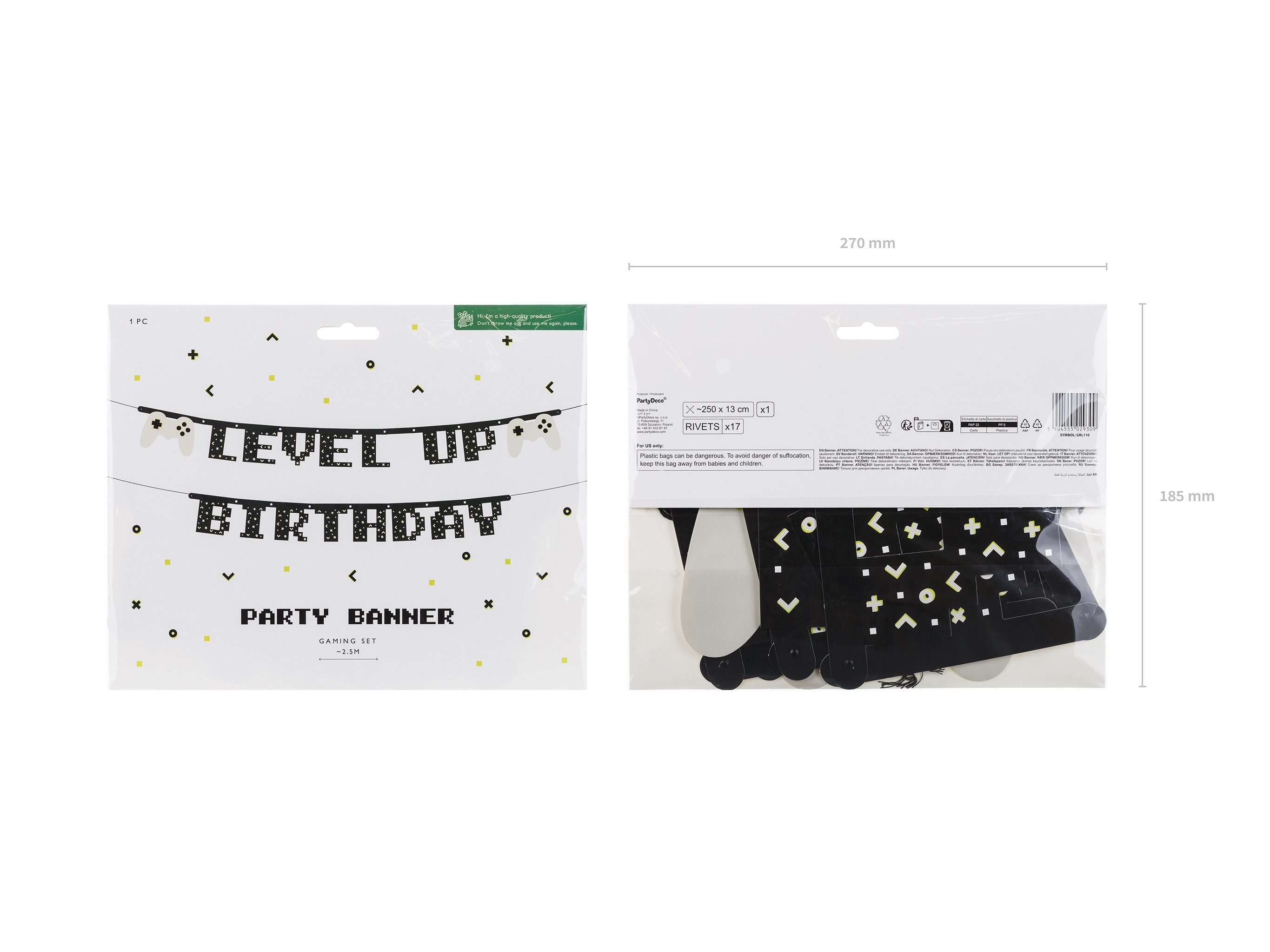 partydeco Hängedekoration, Girlande 13x250cm Banner Geburtstagsgirlande Level Up Birthday Schwarz