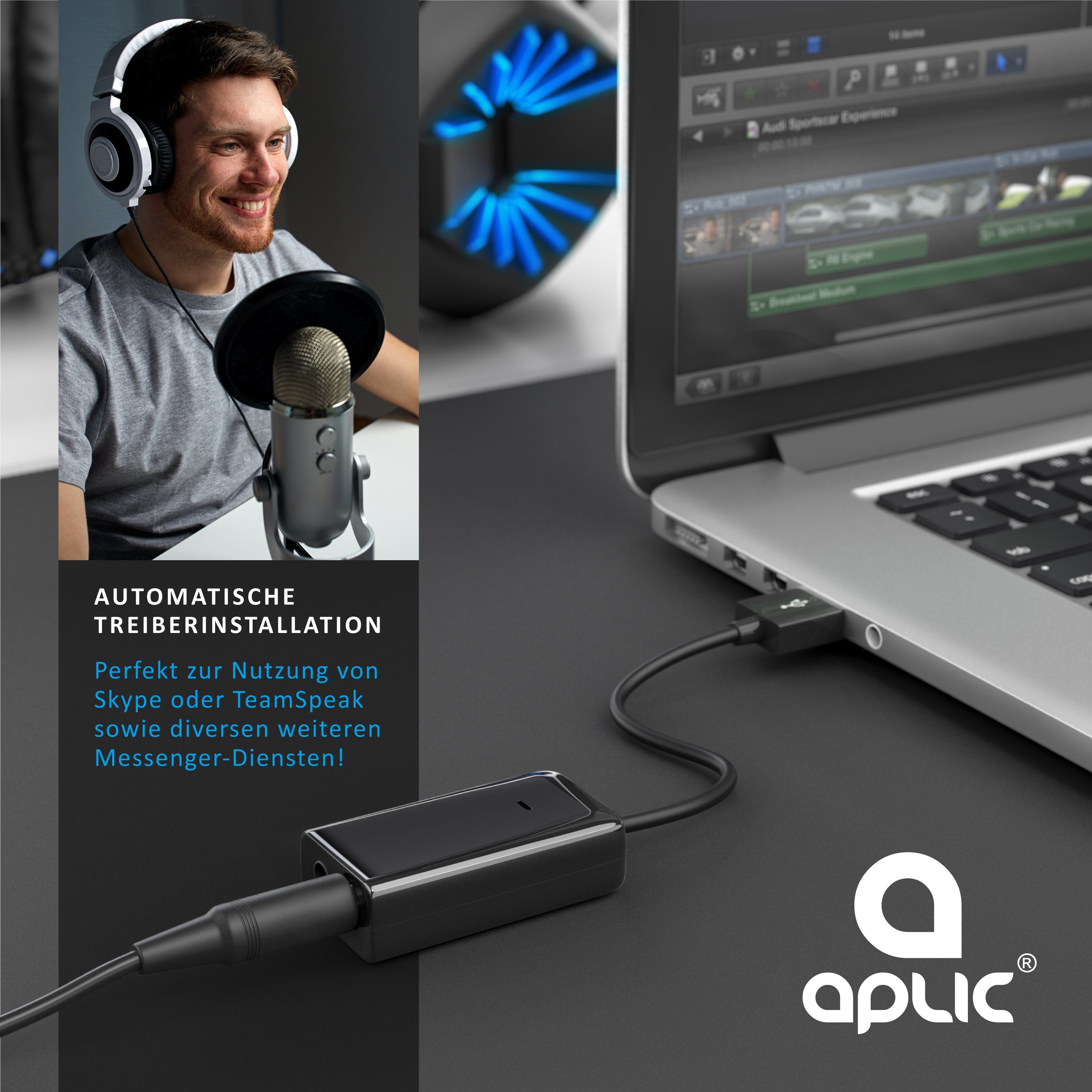 Aplic USB mini extern, Dynamic 3D Surround, 3,5mm Eingang, 3,5mm Ausgang Soundkarte Virtual 7.1 Surround, 3D Stereo, USB Audio Adapter, External Sound Card, für Win Linux Mac