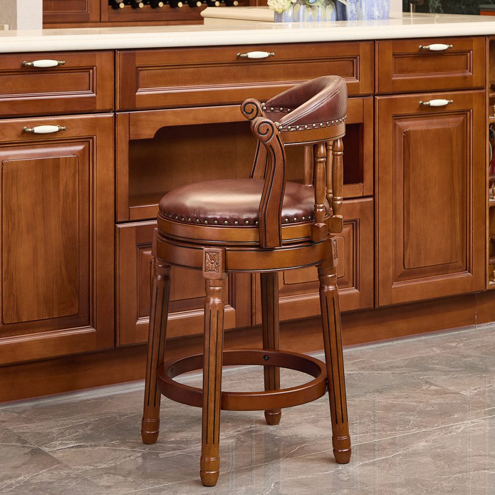 BBWL Polsterstuhl Barhocker Echtleder Holz drehbar 360° Küchenstuhl, mit Rückenlehne gepolstert Tresenhocker modern stabil – Bild 4 von 5